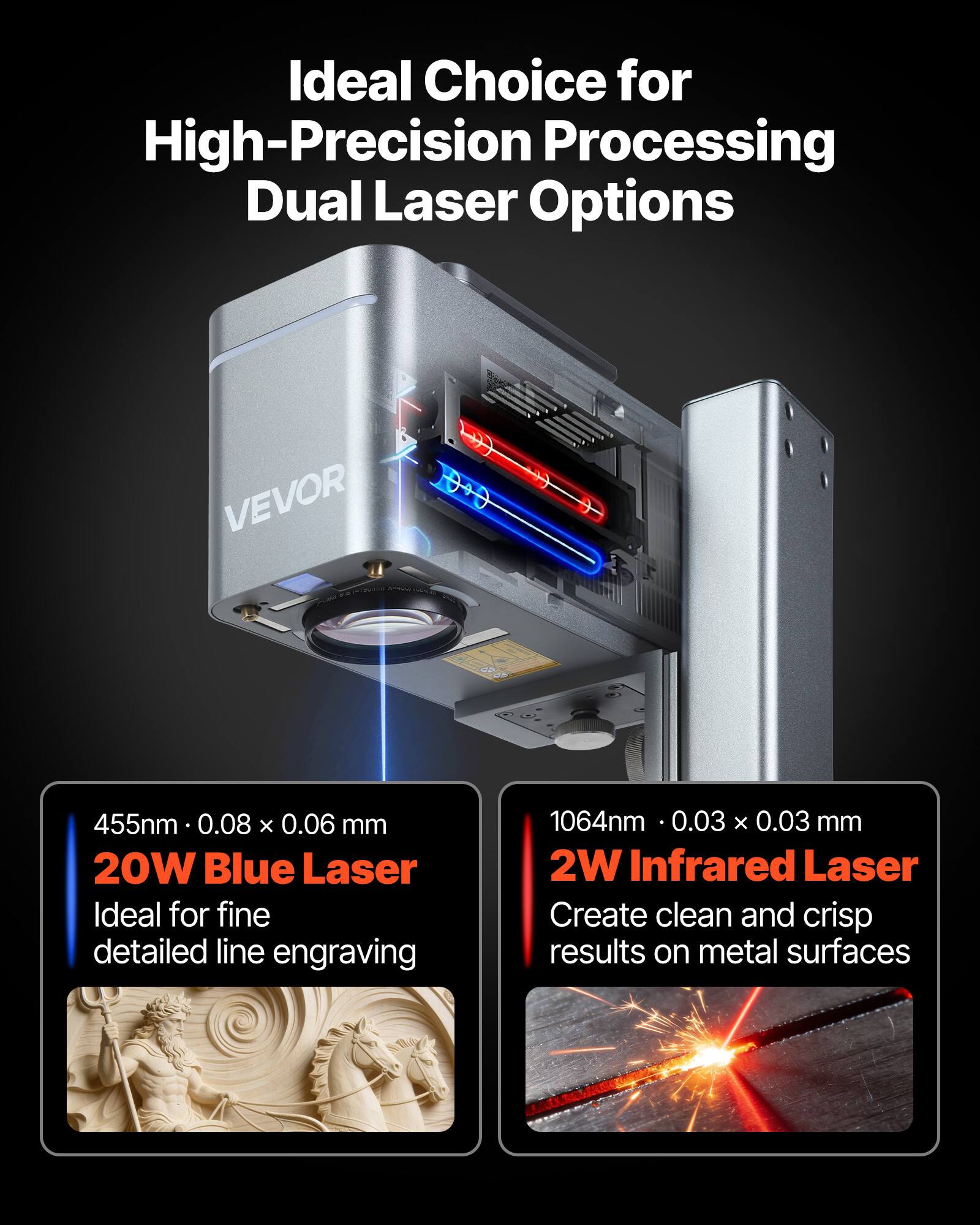 Ideal Choice for High-Precision Processing Dual Laser Options

VEVOR

455nm • 0.08 x 0.06 mm  
20W Blue Laser  
Ideal for fine detailed line engraving

1064nm • 0.03 x 0.03 mm  
2W Infrared Laser  
Create clean and crisp results on metal surfaces