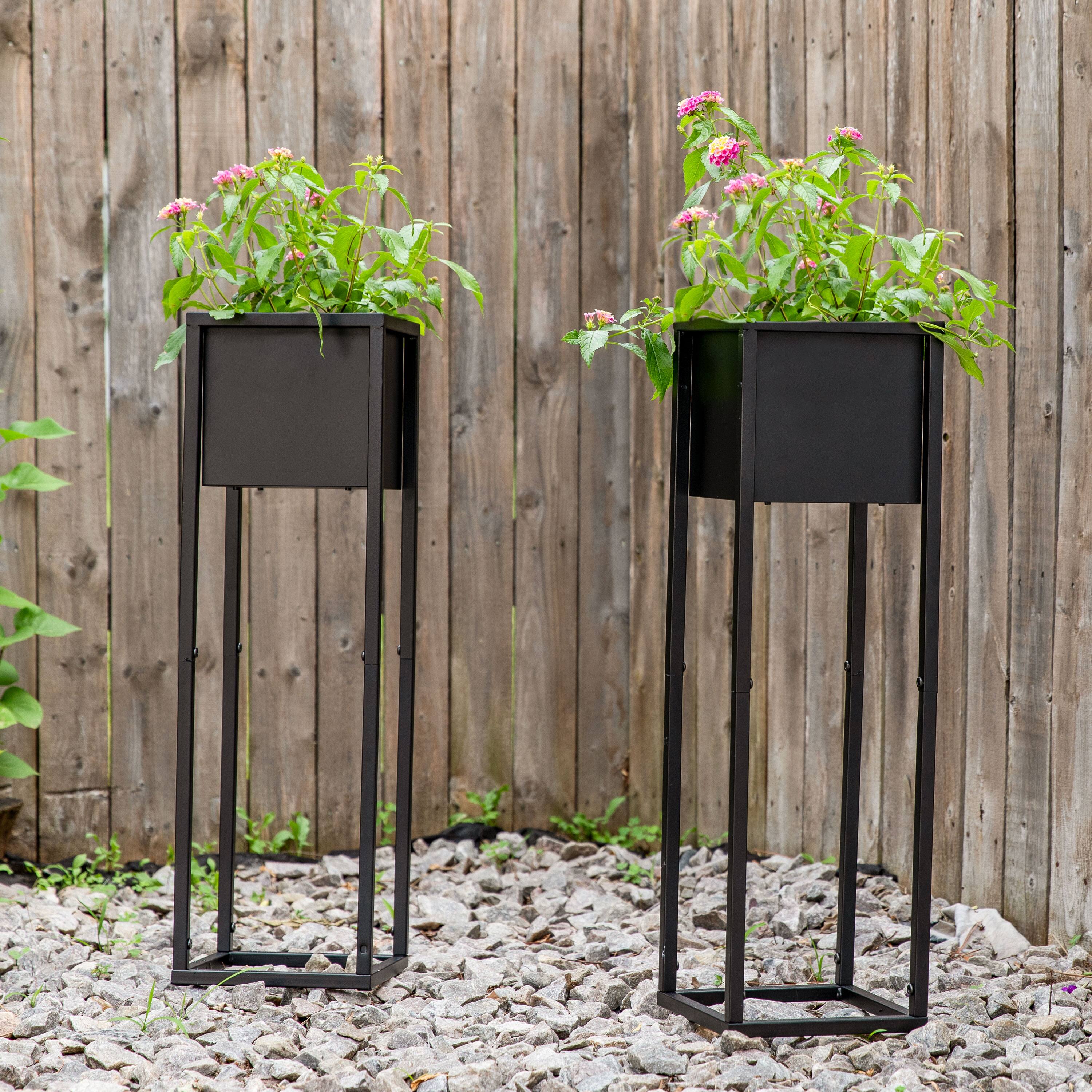 Alt View 1. Sunnydaze - Modern Simplicity Outdoor Elevated Planter - 2-Pack - Black.