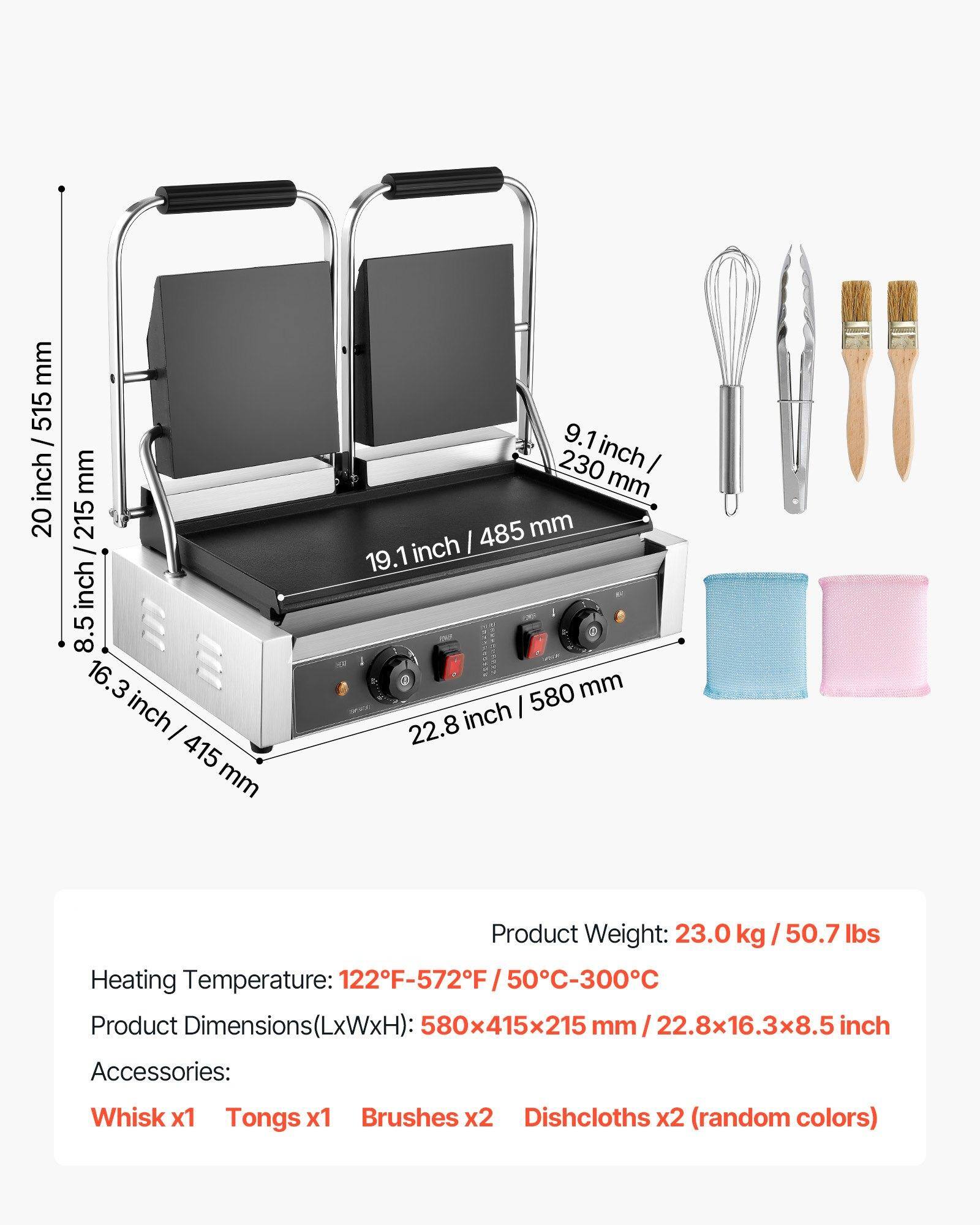Product Weight: 23.0 kg / 50.7 lbs

Heating Temperature: 122°F-572°F / 50°C-300°C

Product Dimensions (LxWxH): 580x415x215 mm / 22.8x16.3x8.5 inch

Accessories:
- Whisk x1
- Tongs x1
- Brushes x2
- Dishcloths x2 (random colors)