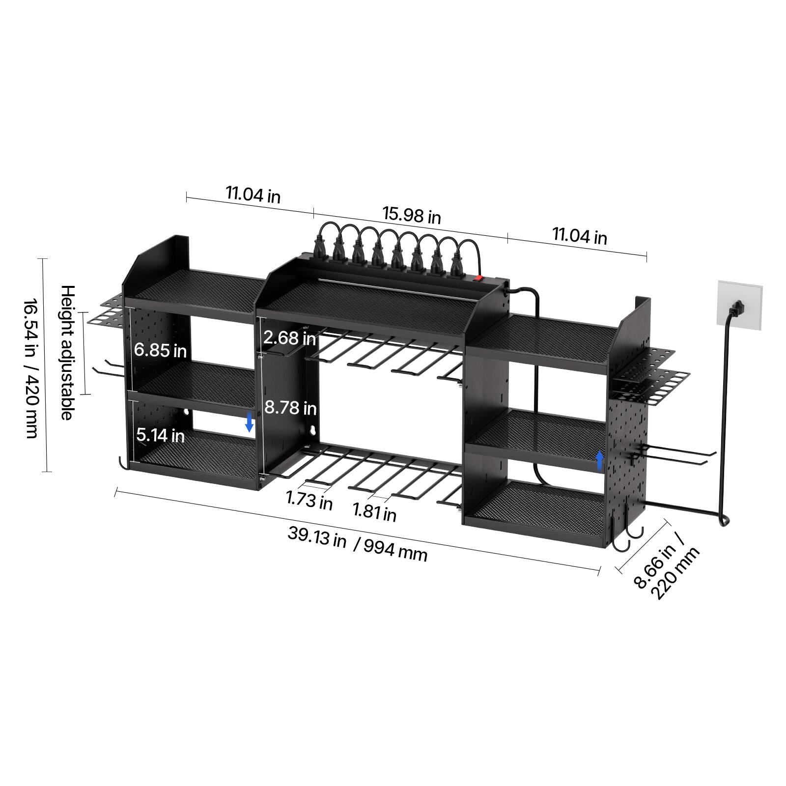 11.04 in  
15.98 in  
11.04 in  
16.54 in  
Height adjustable: 6.85 in  
5.14 in  
2.68 in  
8.78 in  
1.73 in  
1.81 in  
39.13 in / 994 mm  
8.66 in / 220 mm