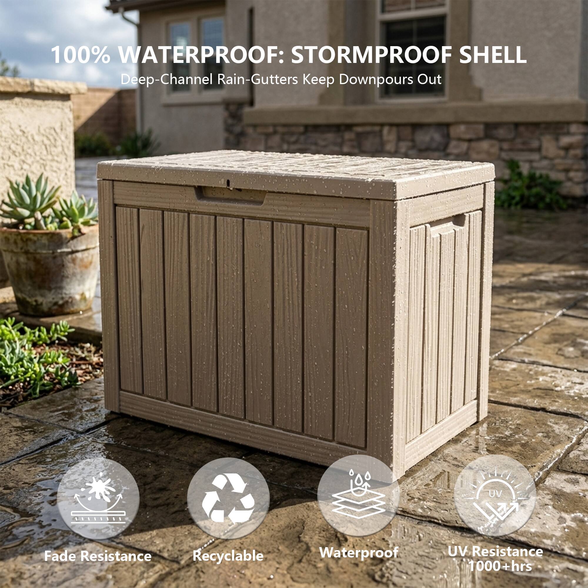 100% WATERPROOF: STORMPROOF SHELL  
Deep-Channel Rain-Gutters Keep Downpours Out  

- UV Resistance 1000+ hrs  
- Fade Resistance  
- Recyclable  
- Waterproof