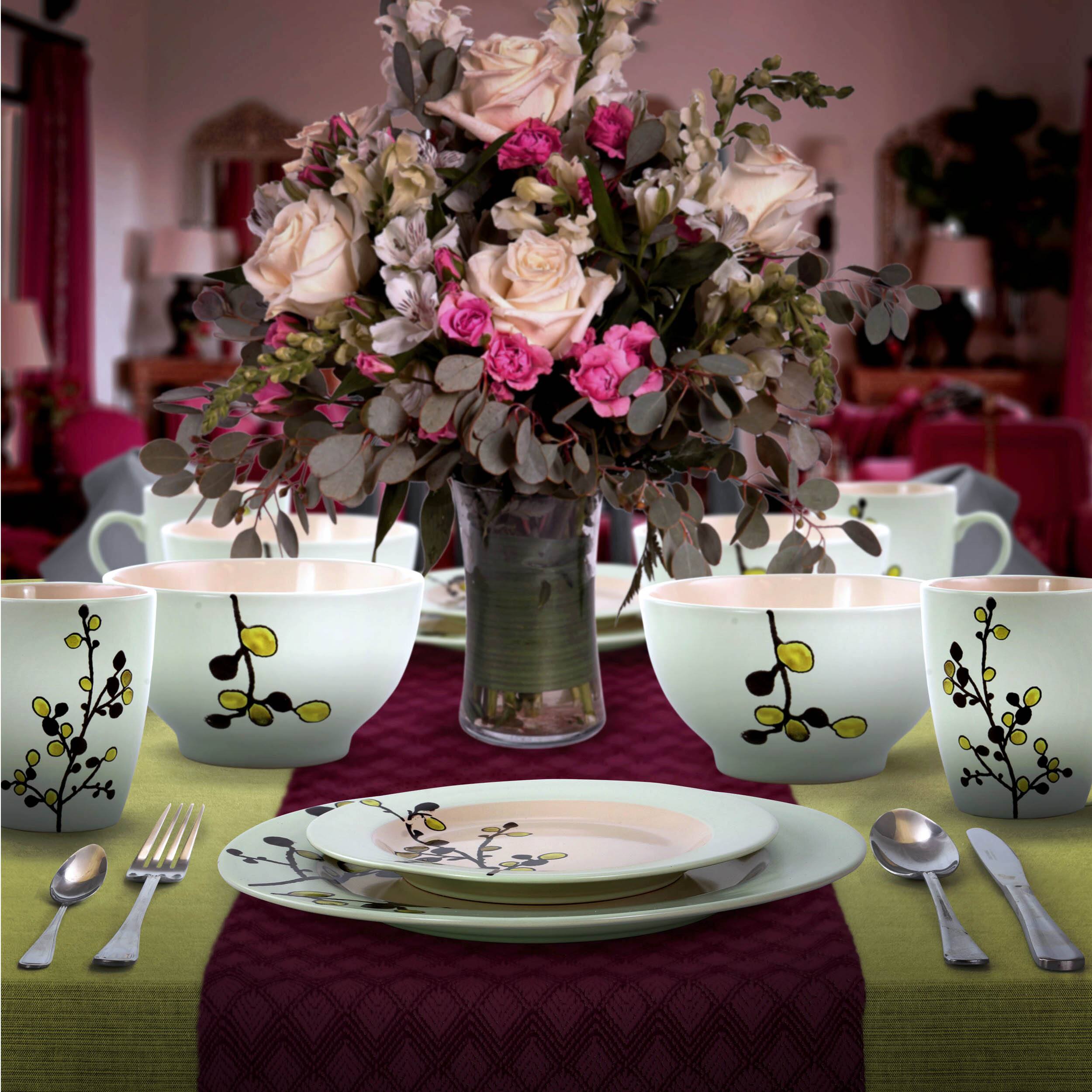 Alt View 7. Elama - Elama Retro Bloom 16 Piece Luxurious Stoneware Dinnerware with Complete Setting for 4 - Green.