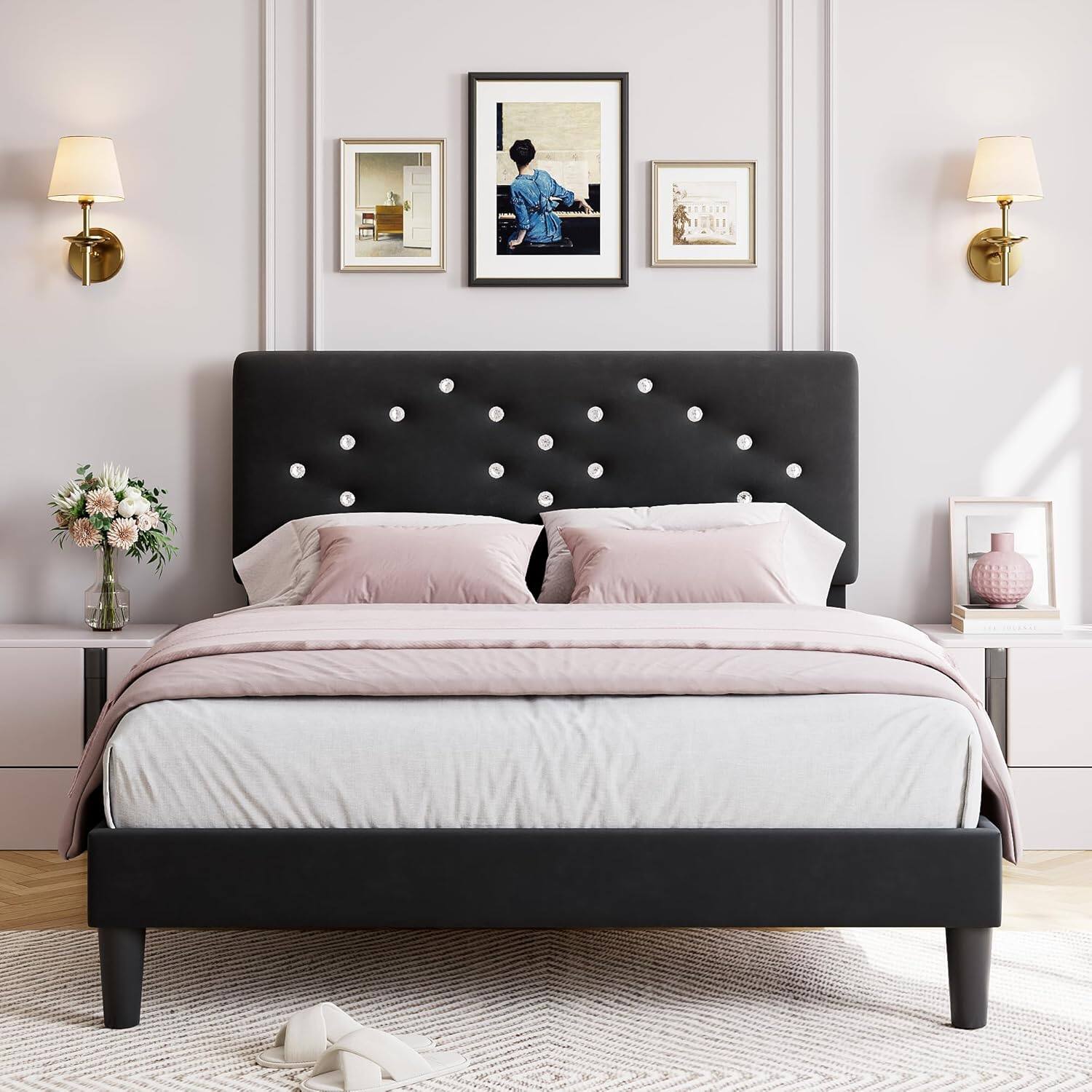 Front. GARVEE - Queen Size Velvet Upholstered Bed Frame with Tufted Headboard, Wood Slat Support, Noise-Free, Easy Assembly, Black - Black.
