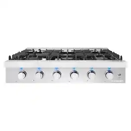 COSMO - COS-GRT366 36 in. Slide-In Counter Gas Cooktop with 6 Sealed Italian Burners, Cast Iron Grates, Metal Knobs - Stainless Steel
