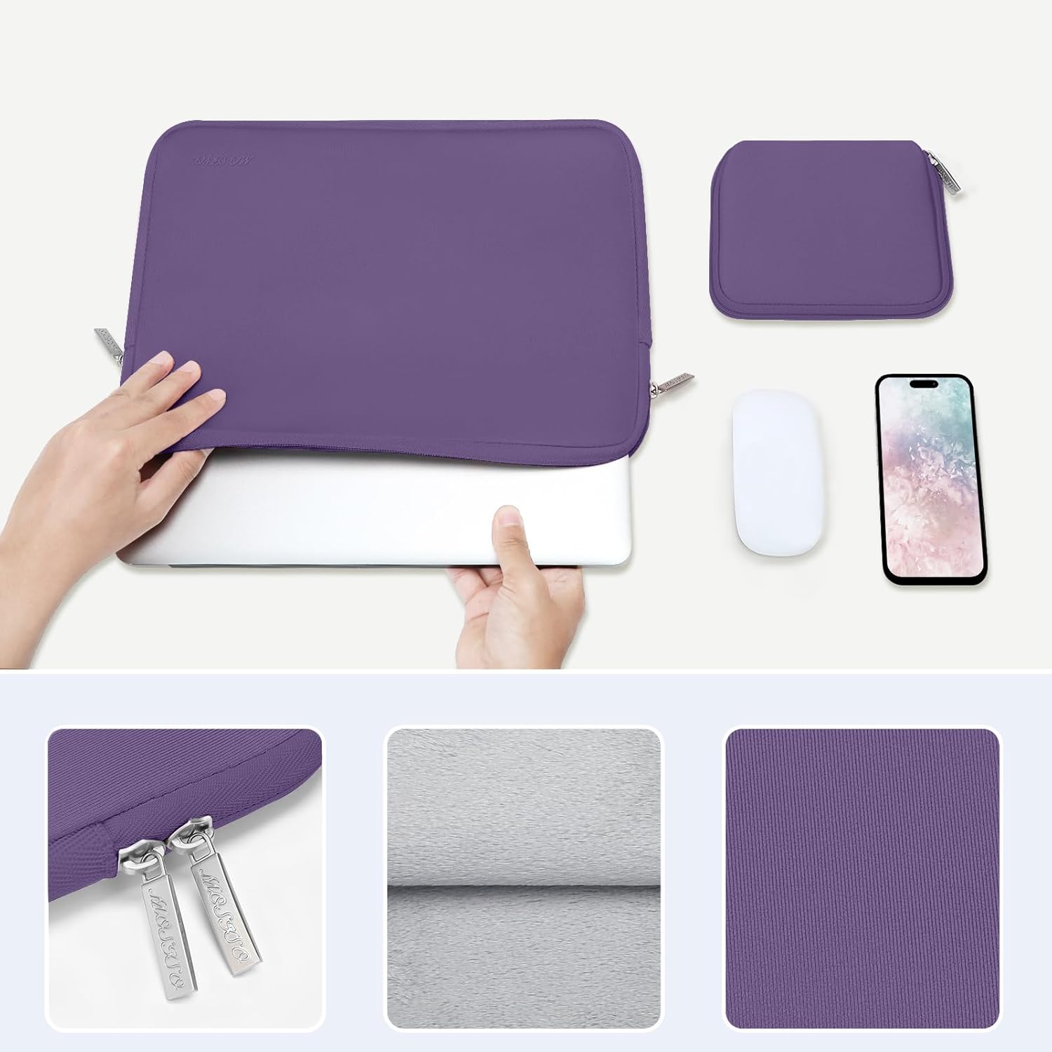 Back. mosiso - 13-13.3 inch Laptop Sleeve Bag for MacBook Air Pro 13 14 HP Dell ASUS Lenovo, Neoprene Computer Sleeve with Small Case - Grape Purple.