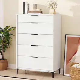 Gymax - Freestanding 5-drawer Dresser w/Sturdy Metal Legs Interlock System for Bedroom - White