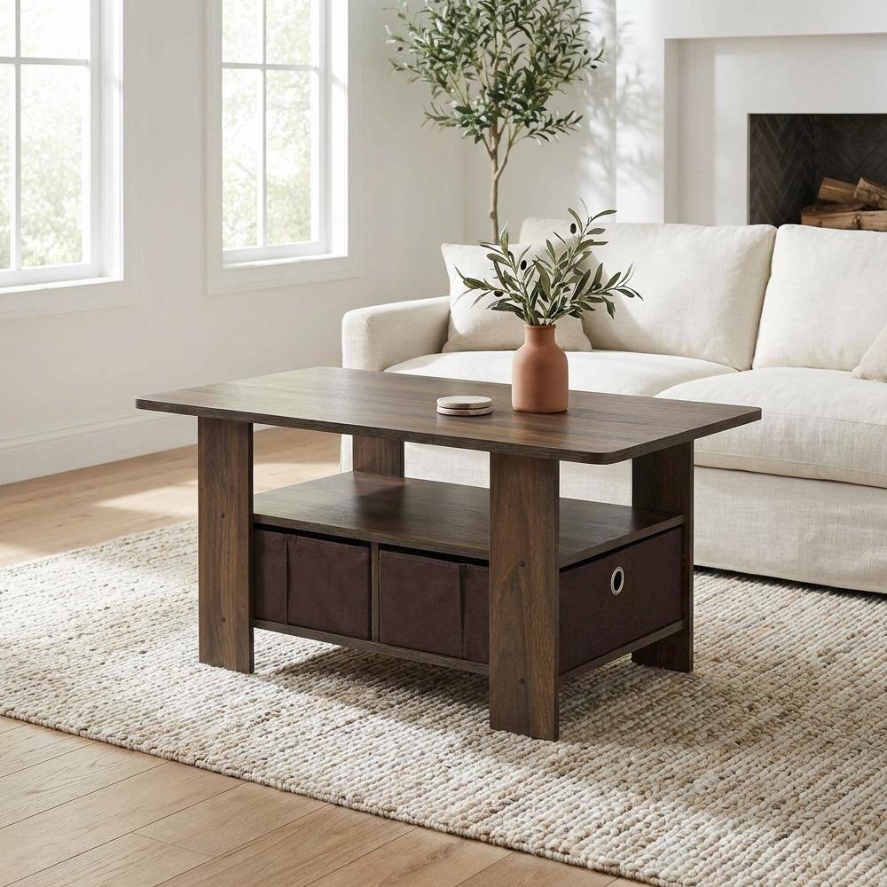 Left. FurniFact - Columbia Walnut Dark Brown Coffee Table with Bin Drawer and Storage Compartment - Columbia Walnut/Dark Brown.