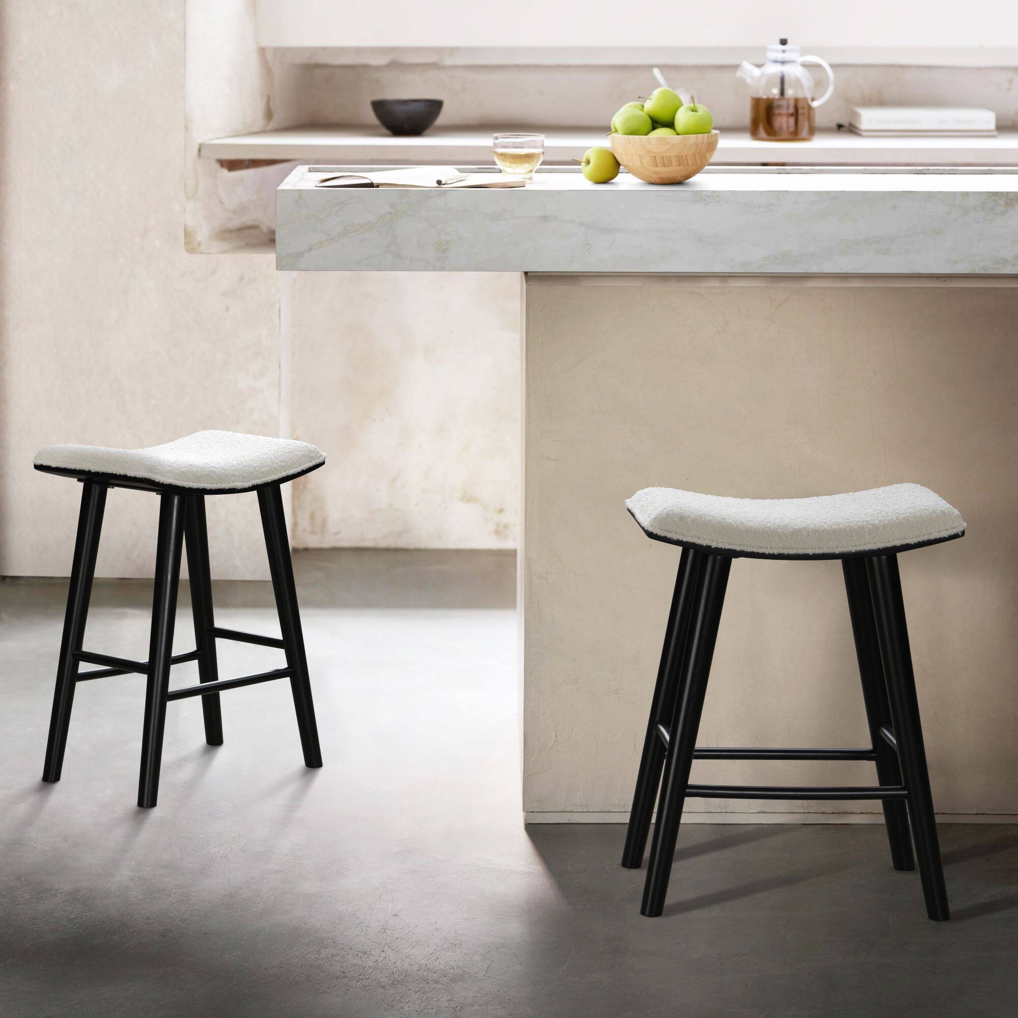Angle. LuXeo - Luna 24 in. Black Backless Wood Saddle Counter Stools with White Boucle Fabric Seat (Set of 2) - Black/white.