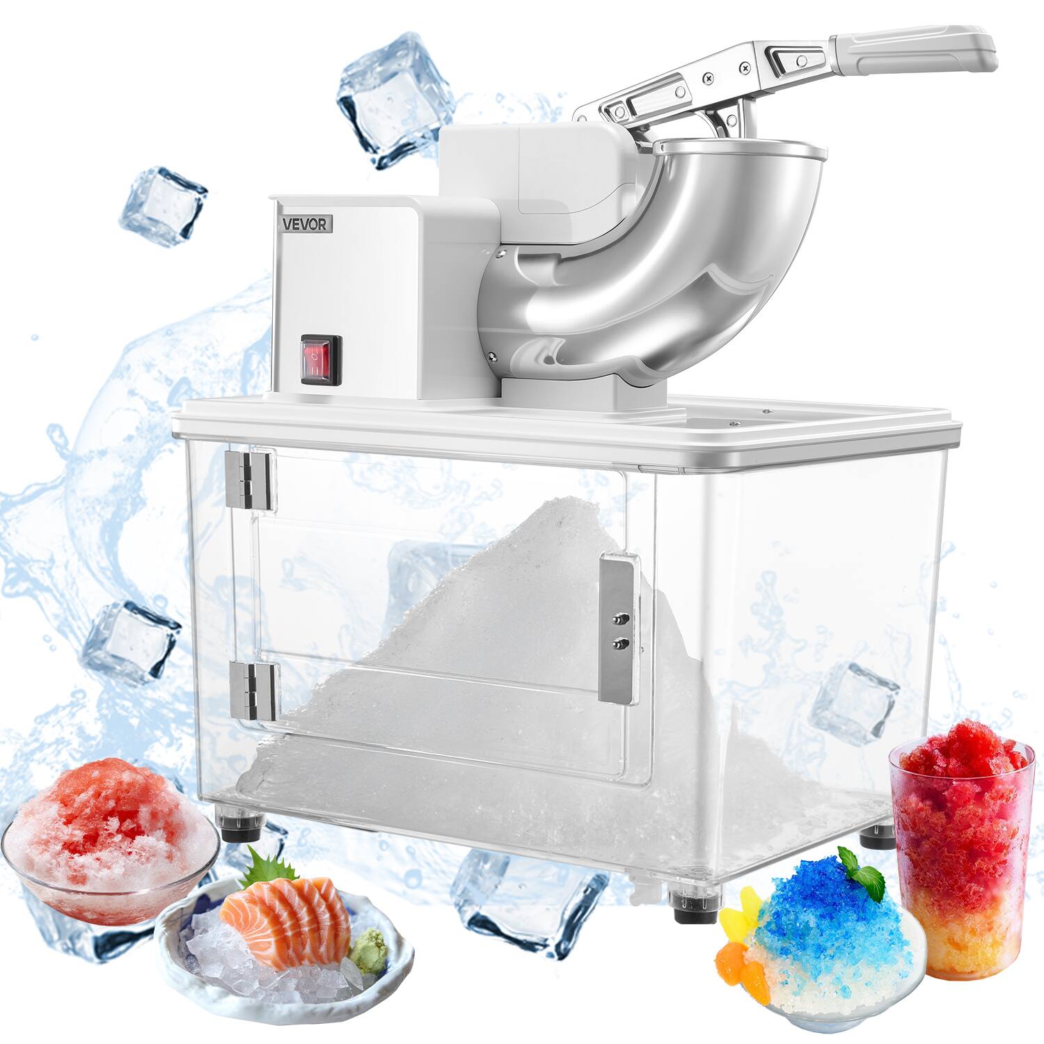 VEVOR - Commercial Ice Crusher 661LBS/H,350W Electric Snow Cone Machine with 4 Blades,1400RPM Stainless Steel Shaved Ice Machine - White