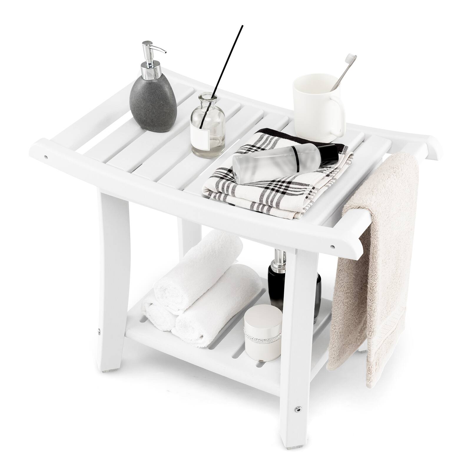 Back. SlickBlue - Heavy Duty Waterproof Bath Stool with Curved Seat and Lower Storage Shelf - White.