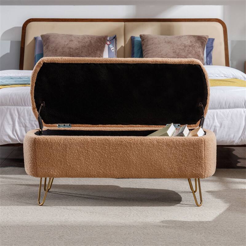 Alt View 5. HTUTWOO - Storage Ottoman Bench for Bedroom - Faux Fur Upholstered Bench with Gold Legs, Padded Storage Bench for Living Room - Camel.