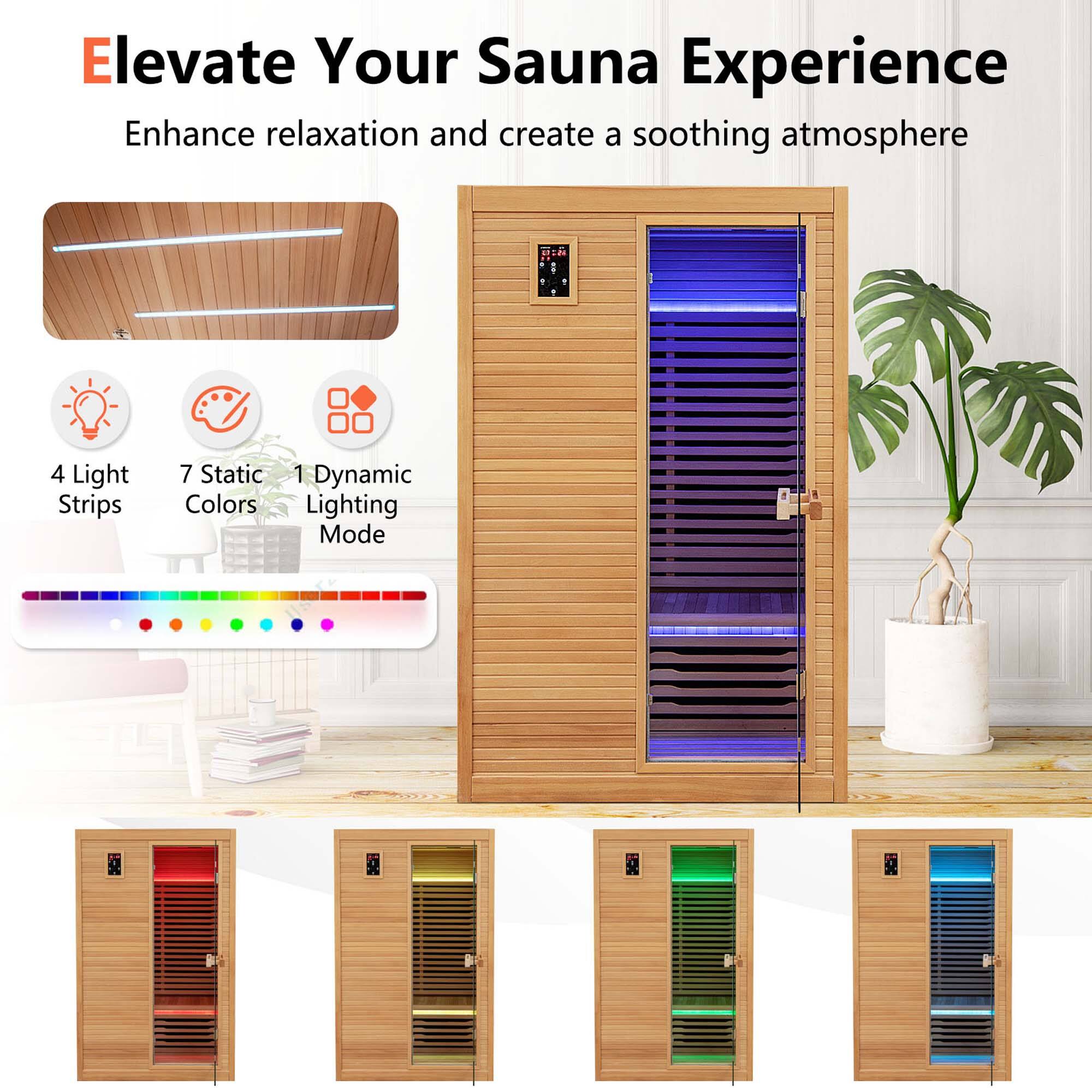 Elevate Your Sauna Experience Enhance relaxation and create a soothing atmosphere with 2 4 Light Strips, 7 Static, and 1 Dynamic Colors Lighting Mode.