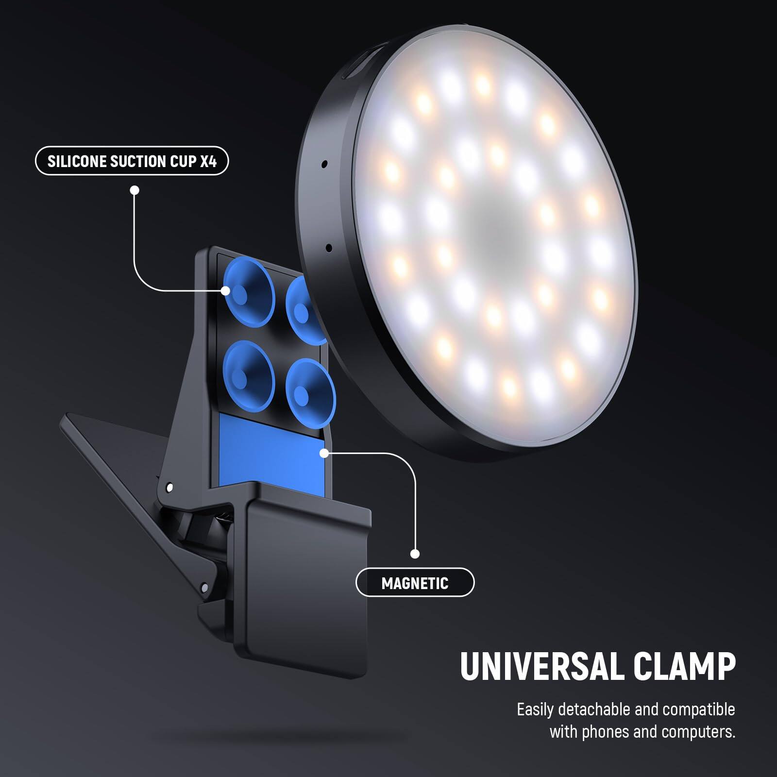 SILICONE SUCTION CUP X4  
MAGNETIC  
UNIVERSAL CLAMP  
Easily detachable and compatible with phones and computers.