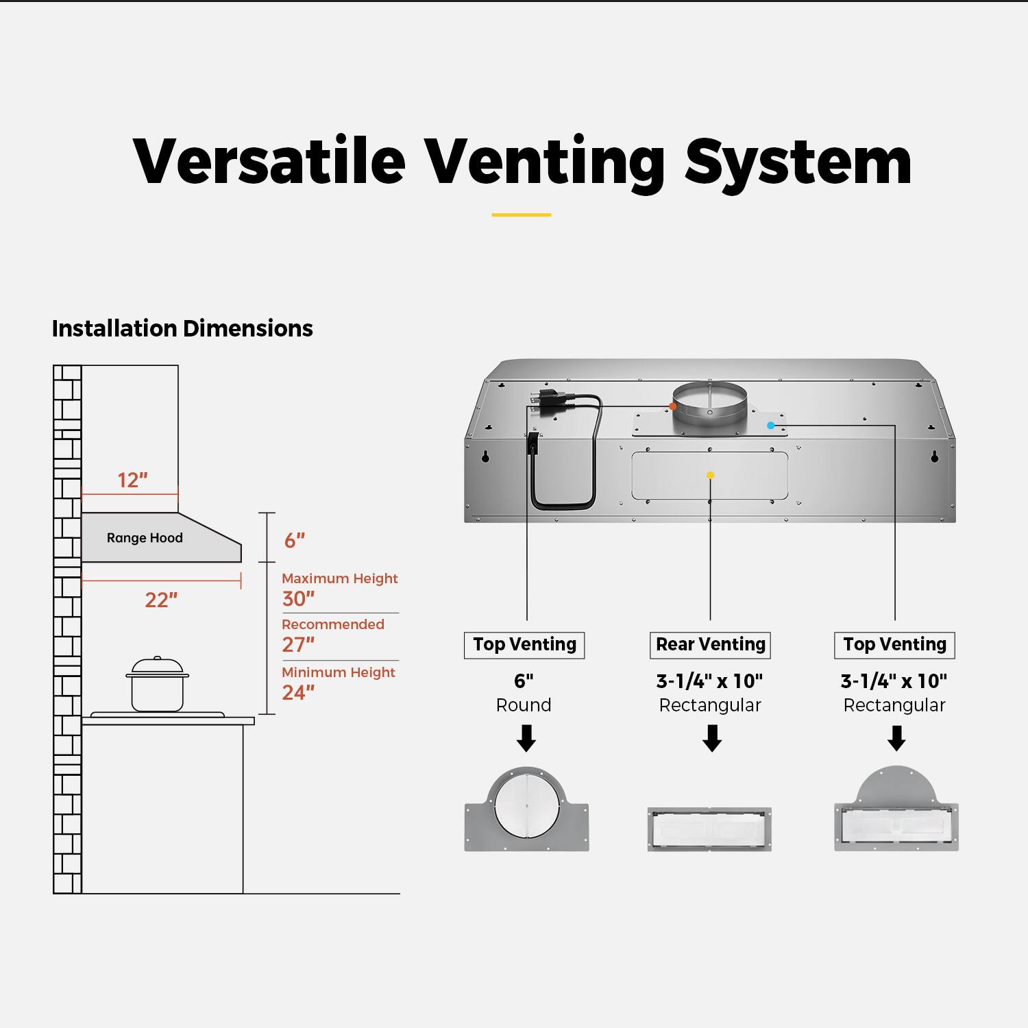 Versatile Venting System Installation Dimensions:

* 12" Range Hood
* 6"
* 22" Maximum Height
* 30" Recommended Height
* 27" Minimum Height
* Top Venting: 6" Round
* Rear Venting: 3-1/4" x 10" Rectangular