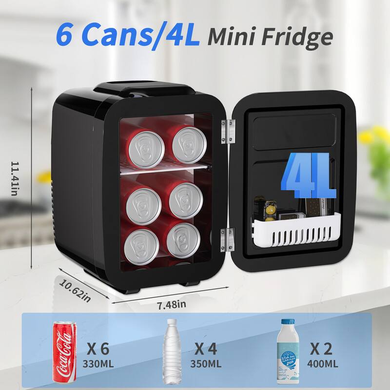 6 Cans/4L Mini Fridge

11.41in x 10.62in x 7.48in

4L

X 6 330ML

X 4 350ML

X 2 400ML