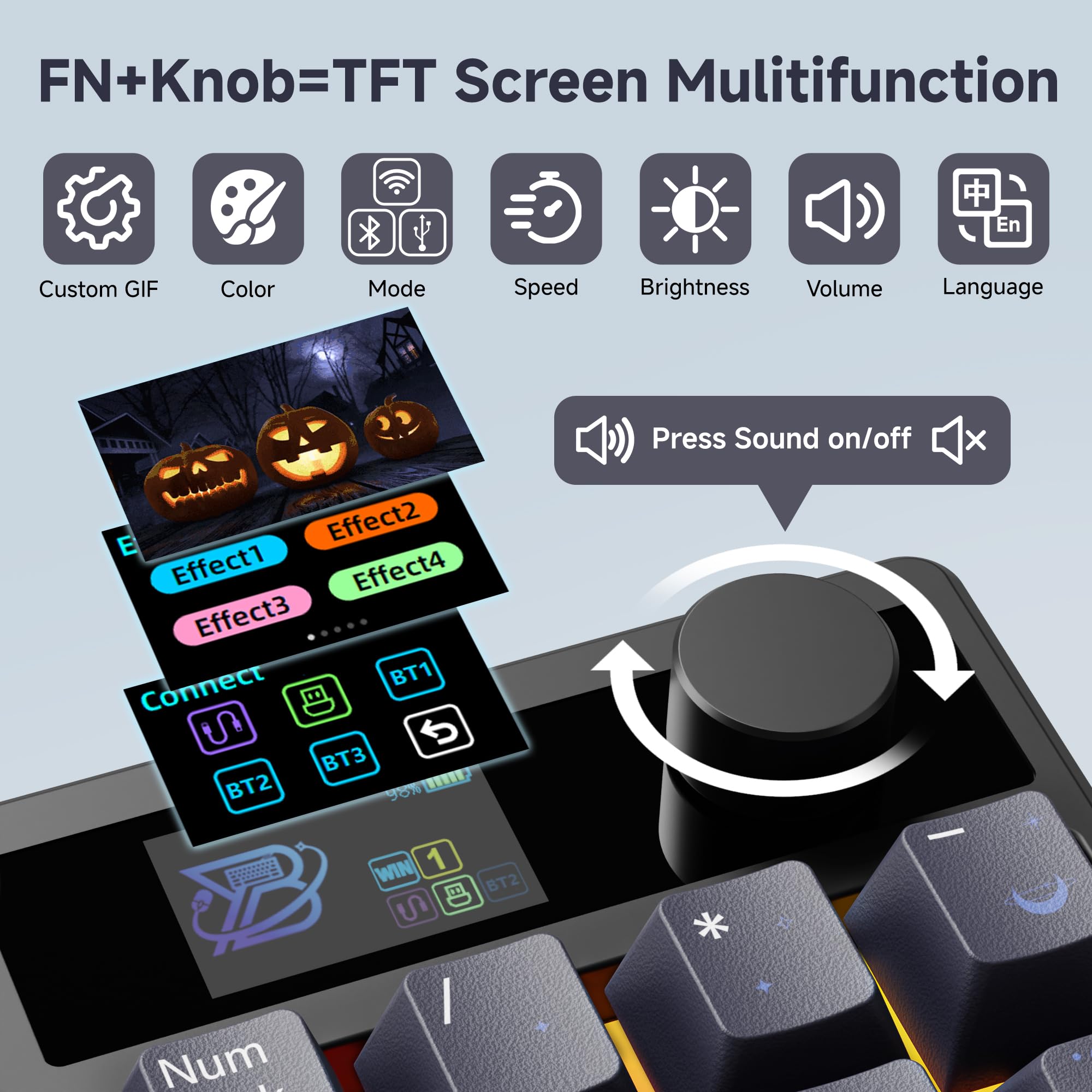 FN+Knob=TFT Screen Multifunction

- Custom GIF
- Color
- Mode
- Speed
- Brightness
- Volume
- Language

Press Sound on/off

Effect1 Effect2 Effect3 Effect4

Connect BT1 BT2 BT3

88% WIN 1

Num