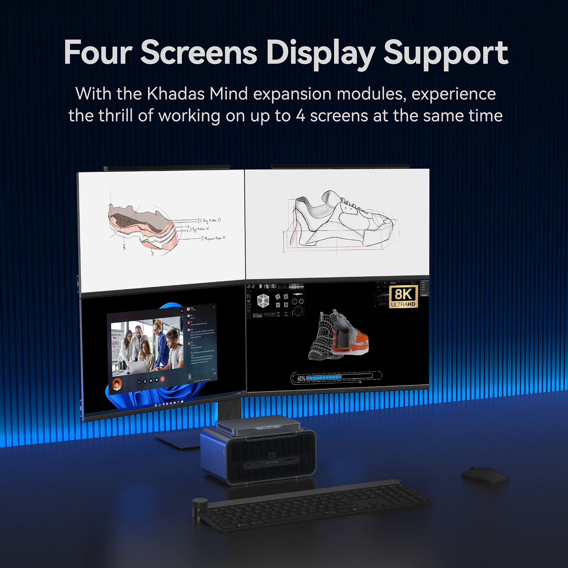Four Screens Display Support

With the Khadas Mind expansion modules, experience the thrill of working on up to 4 screens at the same time