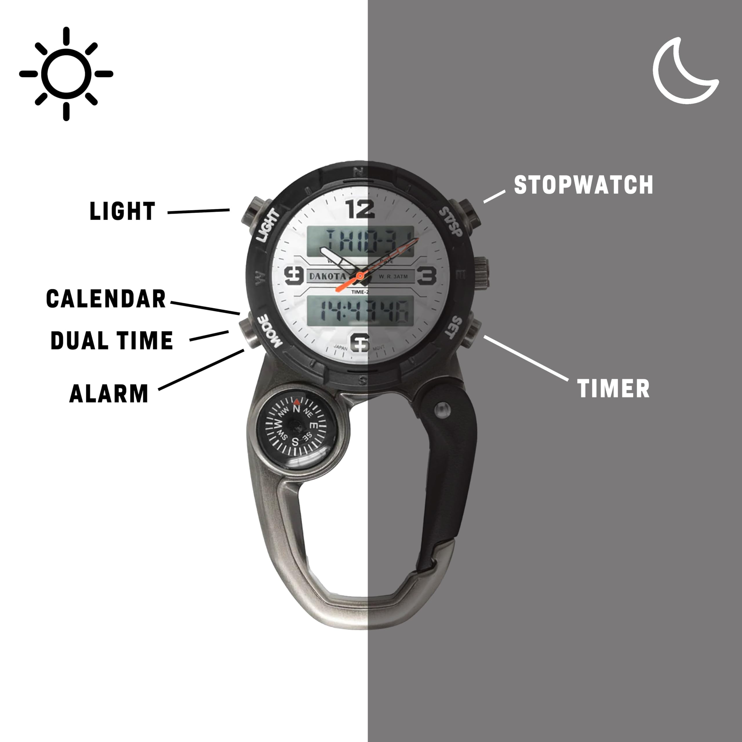 LIGHT CALENDAR DUAL TIME ALARM STOPWATCH TIMER 12 LIGHT TH873 W 9 DAKOTA g - - SAIM 3 m TINI 14:43%5 MODE SET 1 cmAN - 1 L S NW N NE W m MS S