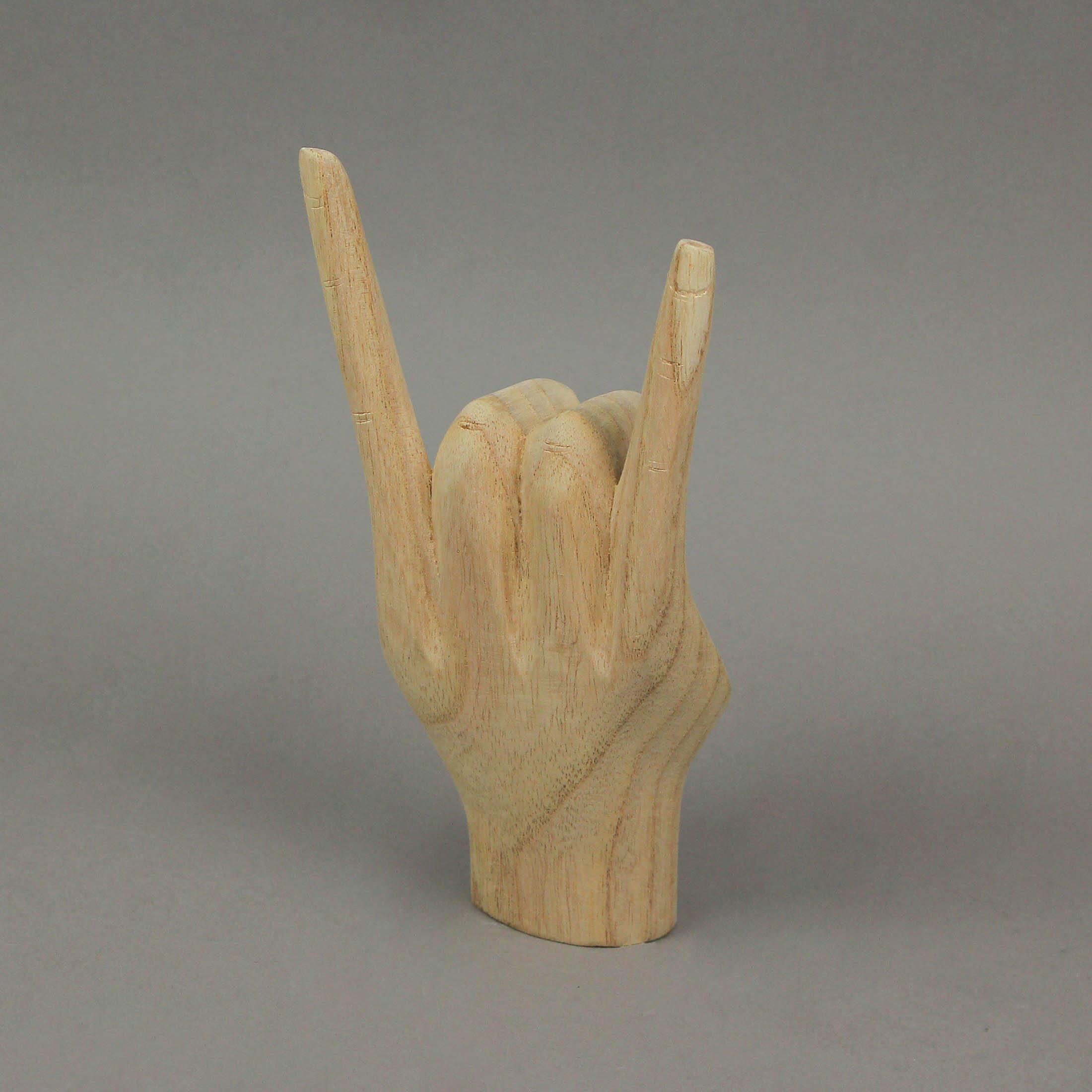 Alt View 6. Zeckos - Carved Wooden Rock On Devil Horns Hand Gesture Statue Natural Finish Home Decor - Brown.