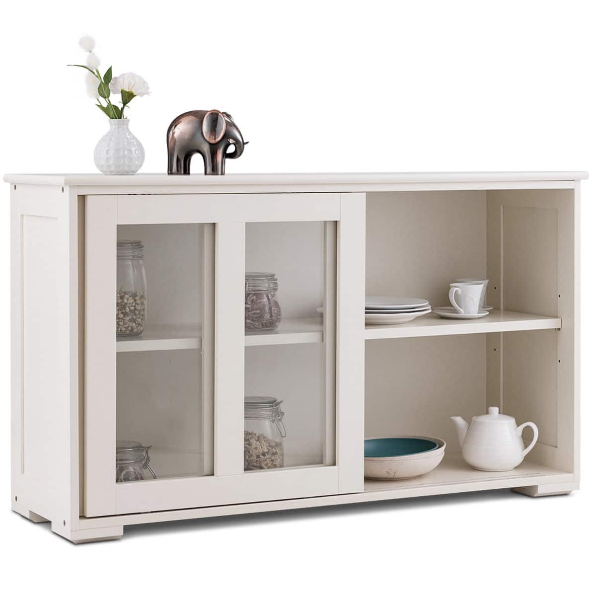Costway - Storage Cabinet Sideboard Buffet Cupboard Glass Sliding Door Pantry Kitchen - Off-white