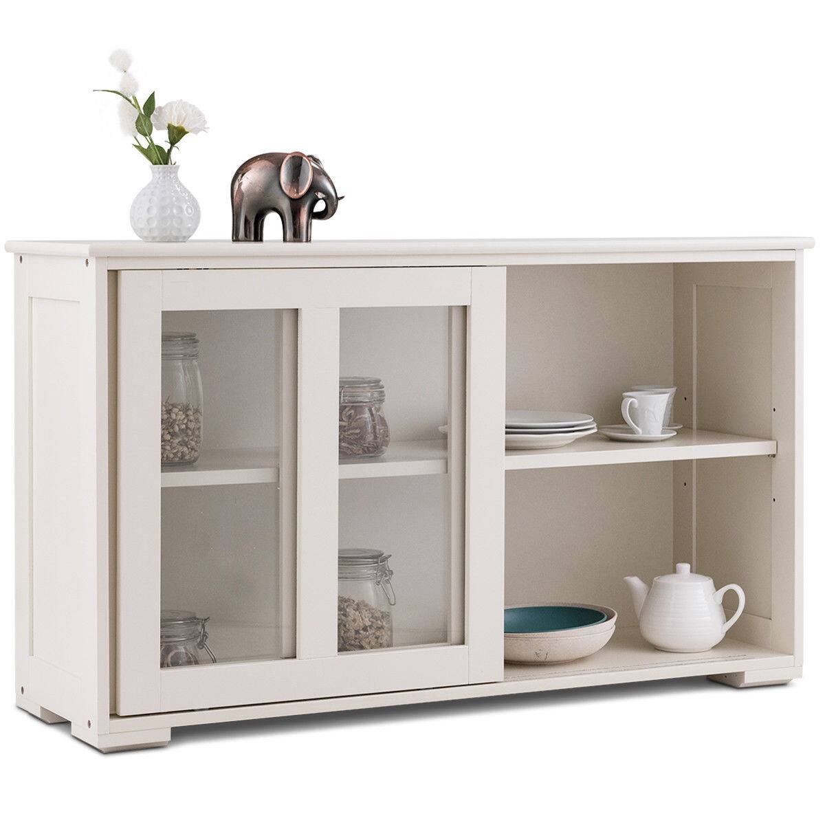 Costway - Storage Cabinet Sideboard Buffet Cupboard Glass Sliding Door Pantry Kitchen - Off-white