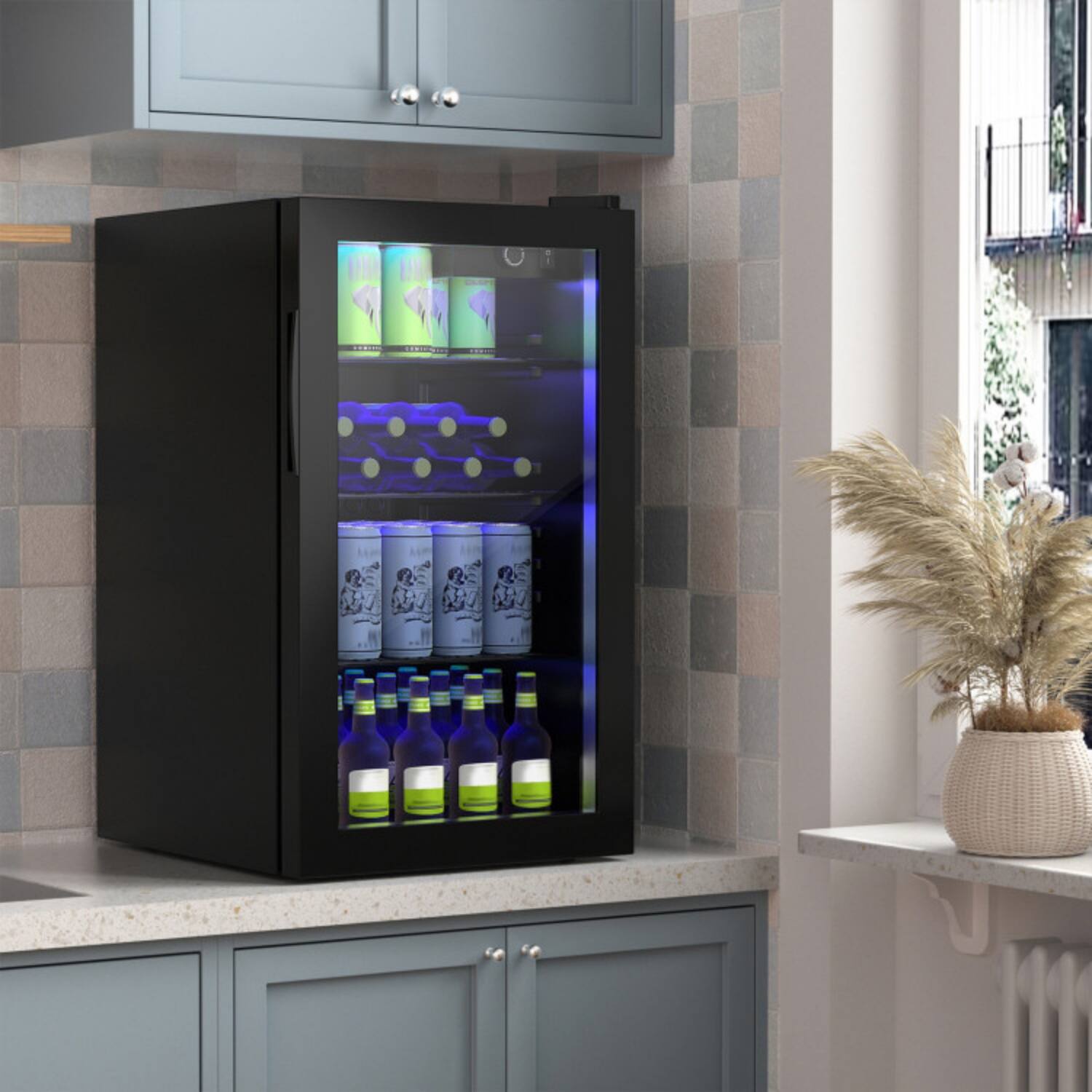 Angle. LUCKY ONE - 120 Can Freestanding Beverage Refrigerator with Glass Door - Chrome Shelves LED Light - Black.