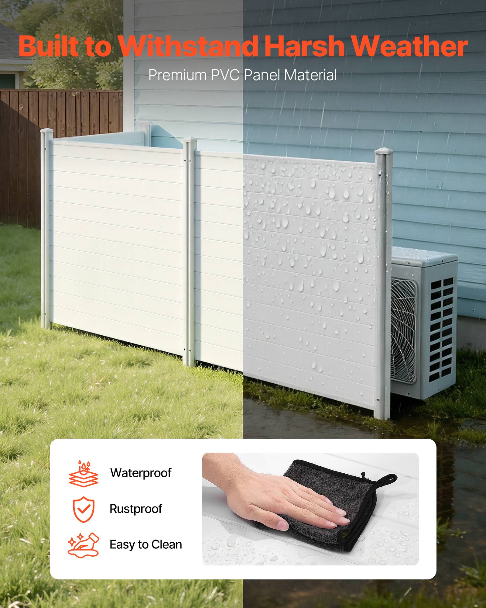 Built to Withstand Harsh Weather  
Premium PVC Panel Material  

Waterproof  
Rustproof  
Easy to Clean