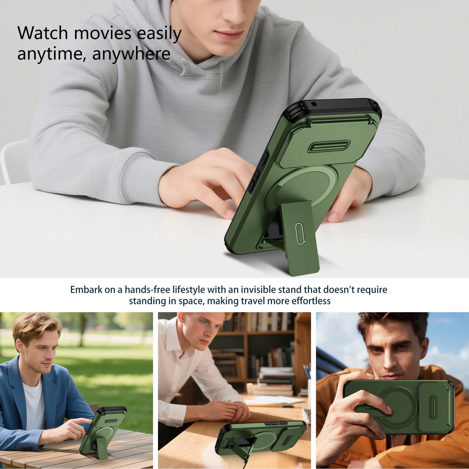 Watch movies easily anytime, anywhere

Embark on a hands-free lifestyle with an invisible stand that doesn't require standing in space, making travel more effortless