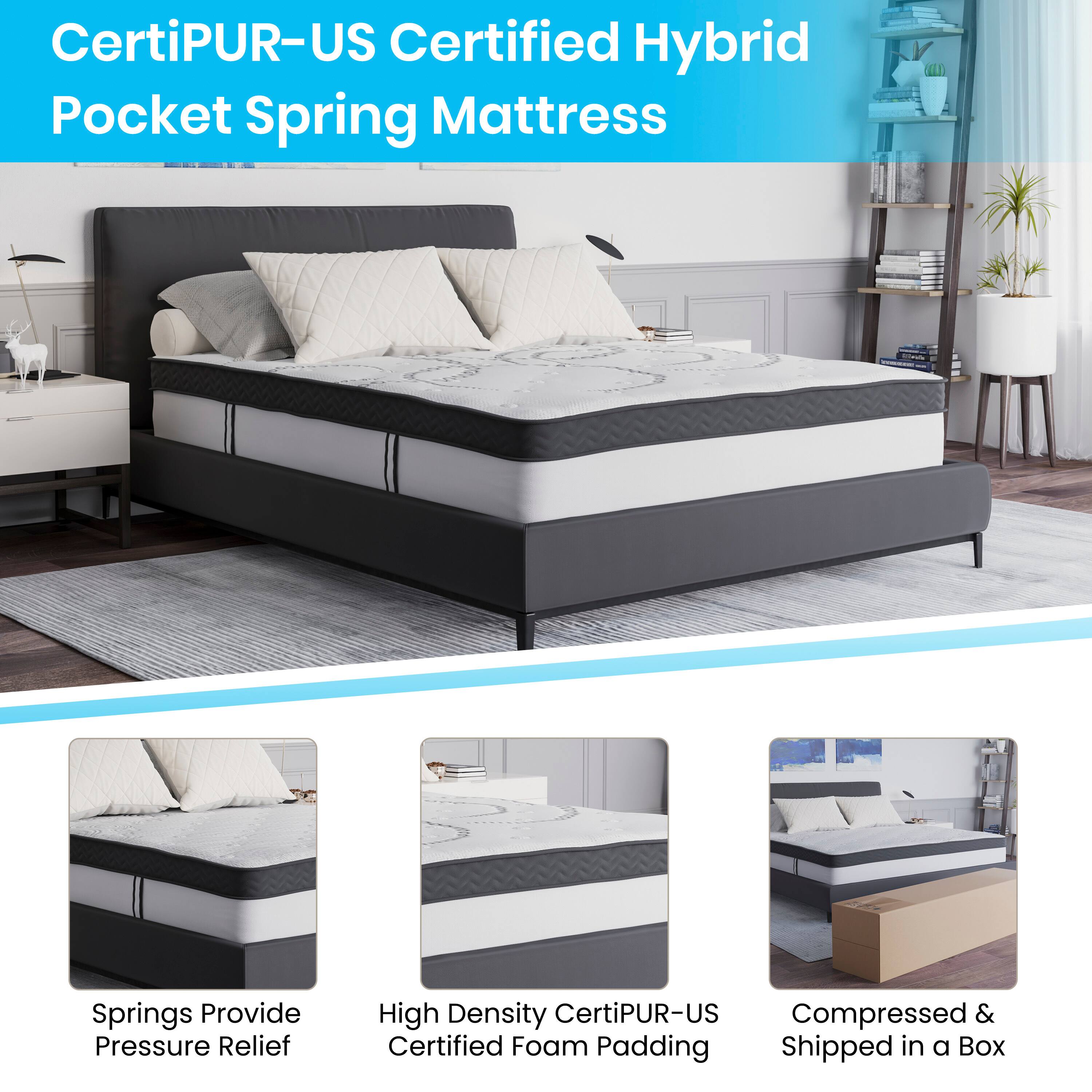 CertiPUR-US Certified Hybrid Pocket Spring Mattress

- Springs Provide Pressure Relief
- High Density CertiPUR-US Certified Foam Padding
- Compressed & Shipped in a Box