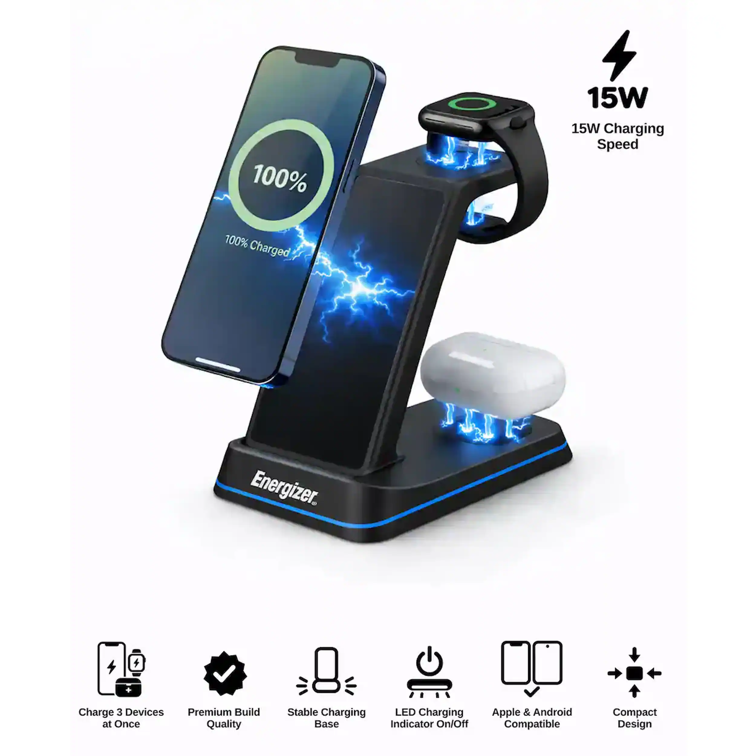 Energizer - 3-in-1 15W Qi Certified Fast 15W  Universal Charging Station/Stand w/ RGB Light for Phones + AirPods + Apple Watch - Black
