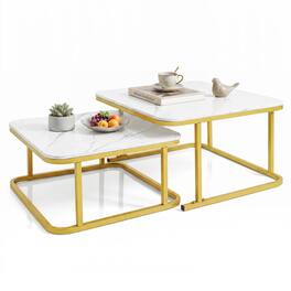 Costway - Nesting Coffee Table Set of 2 with Faux Marble Tabletop & Metal Frame for Home - White & Gold