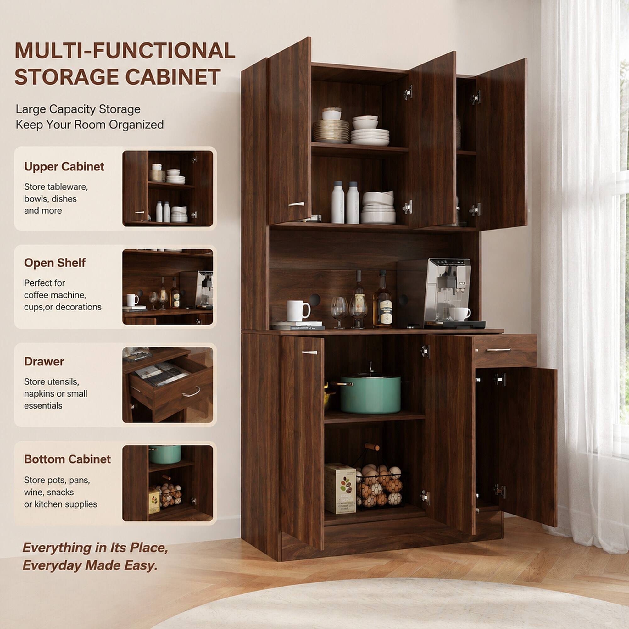 MULTI-FUNCTIONAL STORAGE CABINET

Large Capacity Storage Keep Your Room Organized

Upper Cabinet
Store tableware, bowls, dishes and more

Open Shelf
Perfect for coffee machine, cups, or decorations

Drawer
Store utensils, napkins or small essentials

Bottom Cabinet
Store pots, pans, wine, snacks or kitchen supplies

Everything in Its Place, Everyday Made Easy.