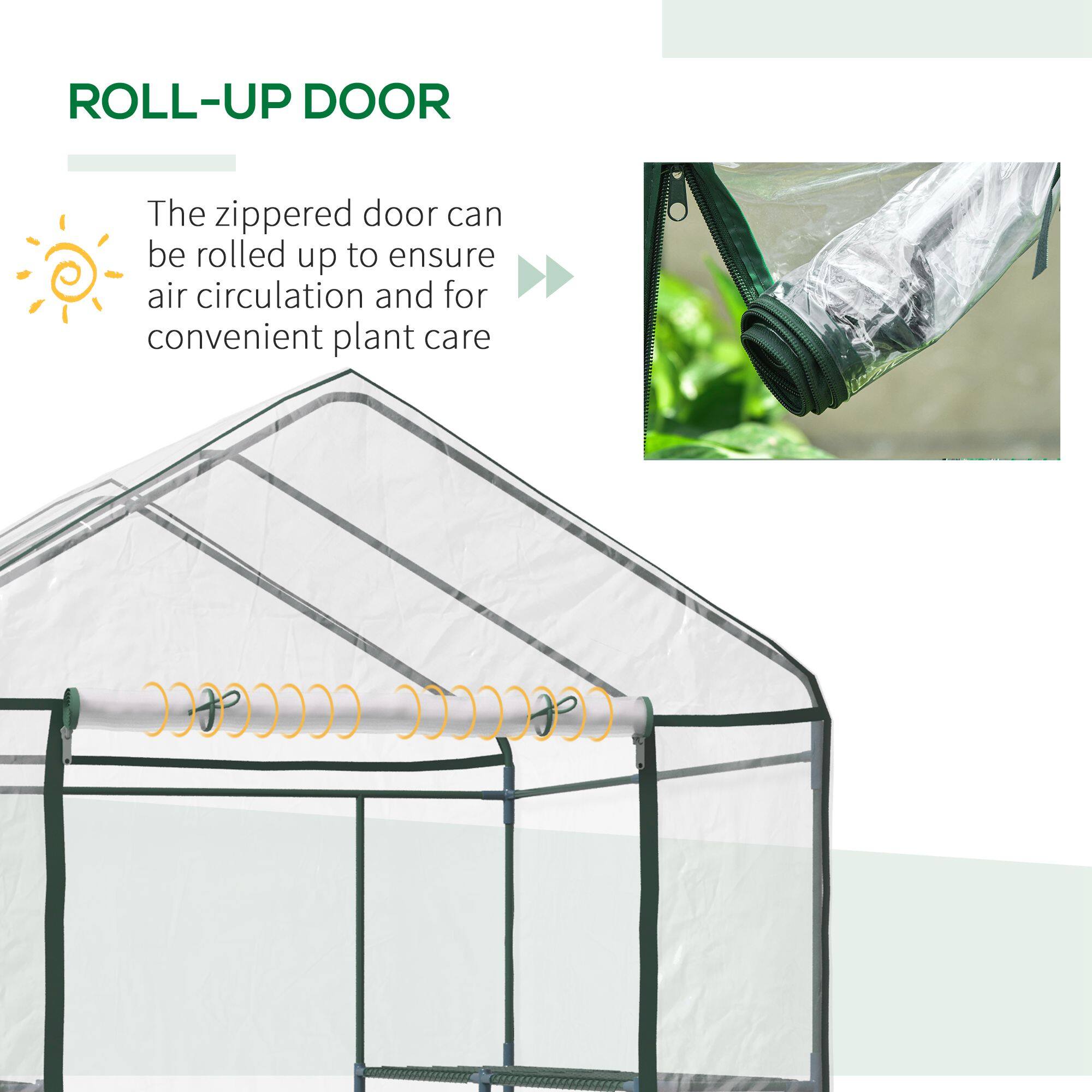 ROLL-UP DOOR
The zippered door can be rolled up to ensure air circulation and for convenient plant care