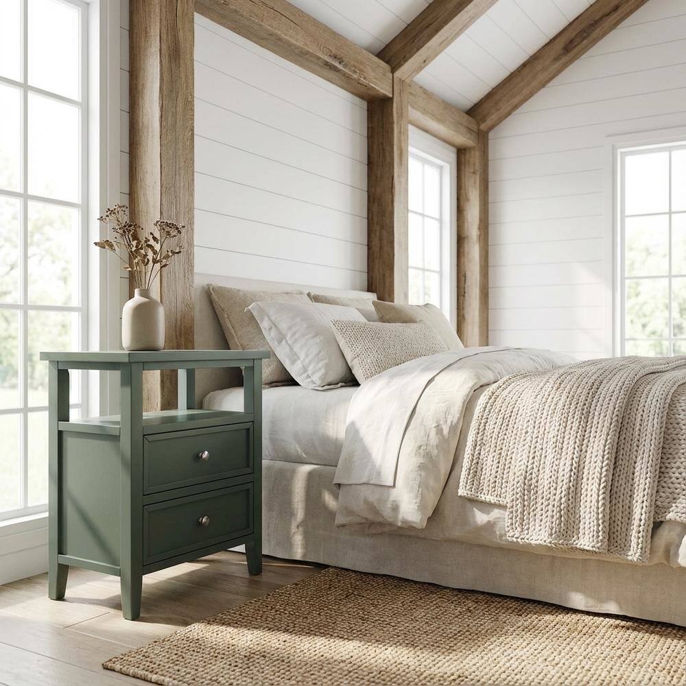 Angle. FurniFact - Vintage Green Nightstand with 2 Drawers and Classic Style - Vintage Green.