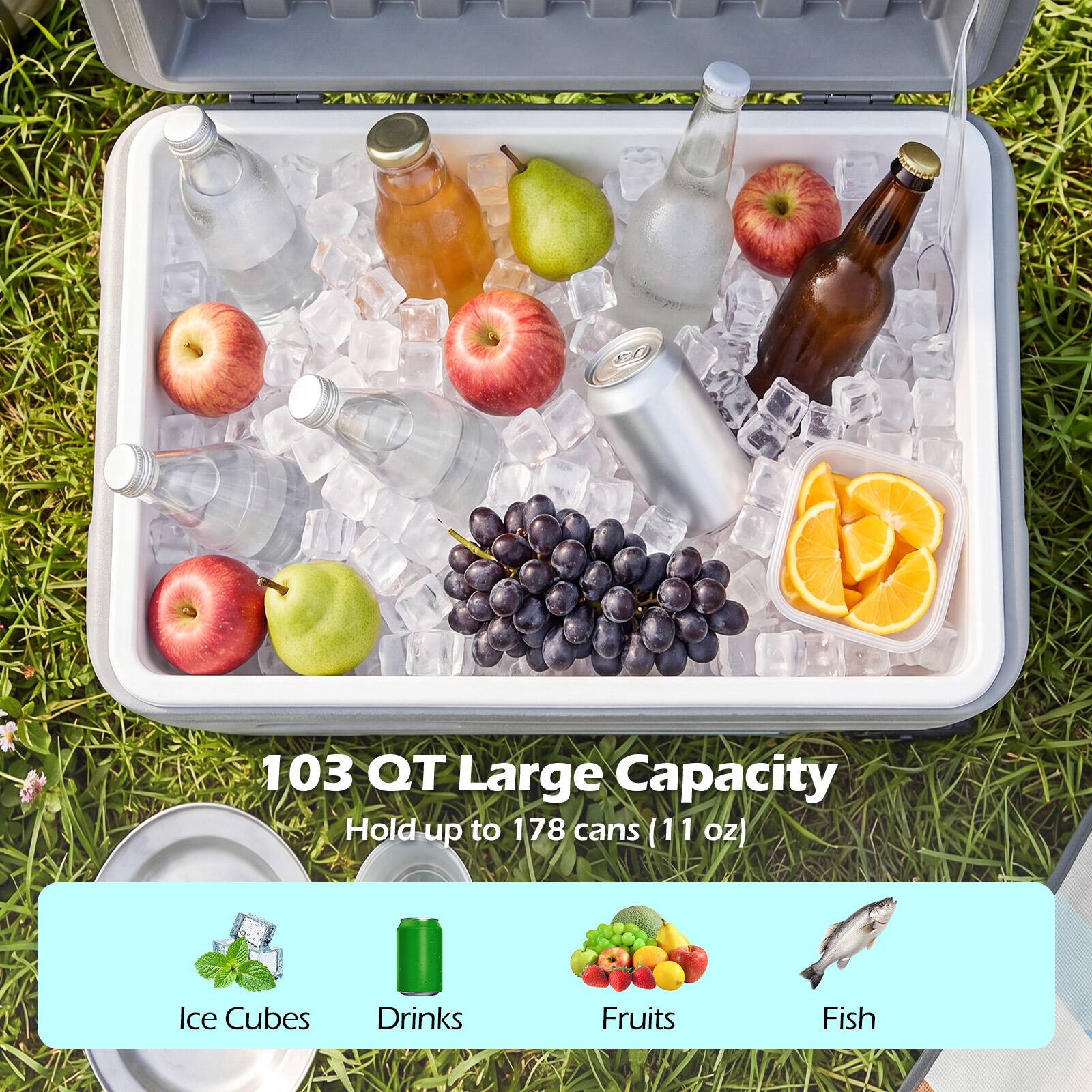 103 QT Large Capacity  
Hold up to 178 cans (11 oz)  
Ice Cubes Drinks Fruits Fish