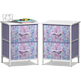 Sorbus - 2 Pack Nightstand with 2 Drawers - Steel Frame, Wood Top &Fabric Bins - Tie dye purple