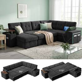 Dyonery - 7-Seat Modular Sectional Sleeper Sofa with Pull-Out Bed, Reclining Backrest, USB Ports, Table, LED Lights ,Black - Black
