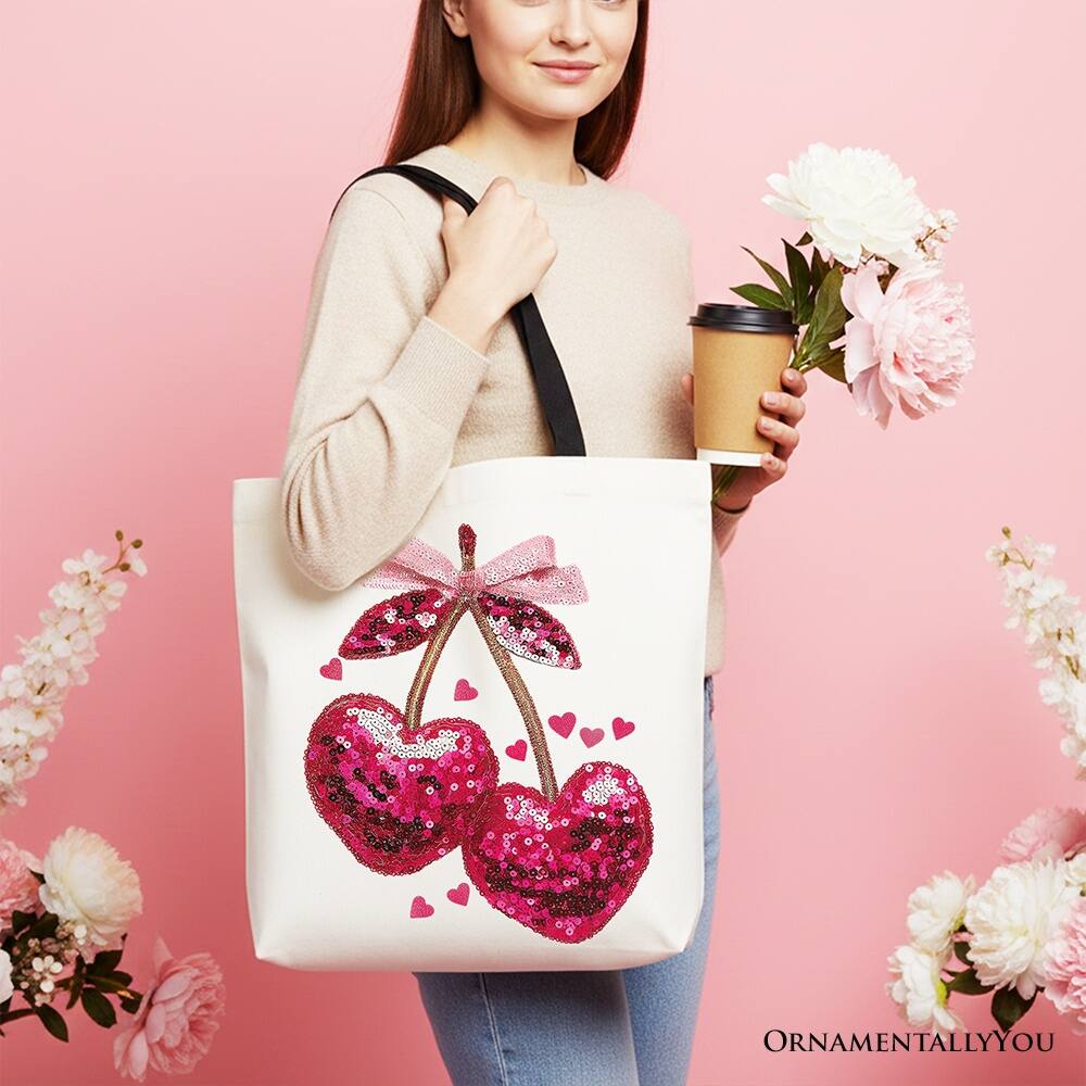 Left. OrnamentallyYou - Sequin Pink Cherry Heart Canvas Tote Bag, Valentine Coquette Trendy Women Gift - White Black.