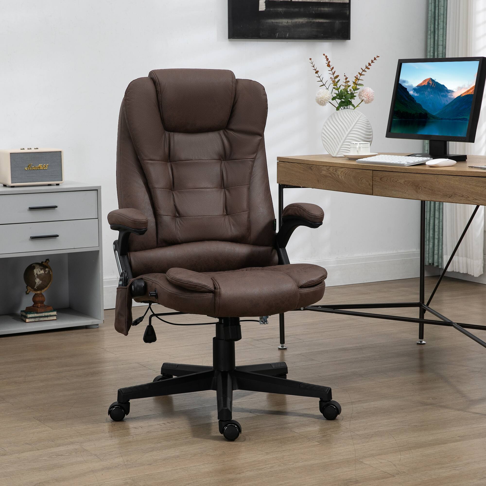 Angle. APRILSOUL - 6 Point Vibrating Massage Office Chair with Heat Microfiber High Back Executive Chair Reclining Backrest Padded Armrests - Brown.