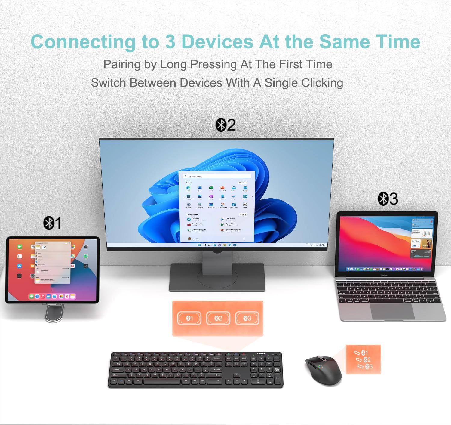 Connecting to 3 Devices At the Same Time  
Pairing by Long Pressing At The First Time  
Switch Between Devices With A Single Clicking  

1  
2  
3  

01  
02  
03  

01  
02  
03