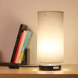 Oumilen - Cylindrical Fabric Shade Table Lamp with E26 Socket – Modern Nightstand Lamp for Bedroom, Living Room