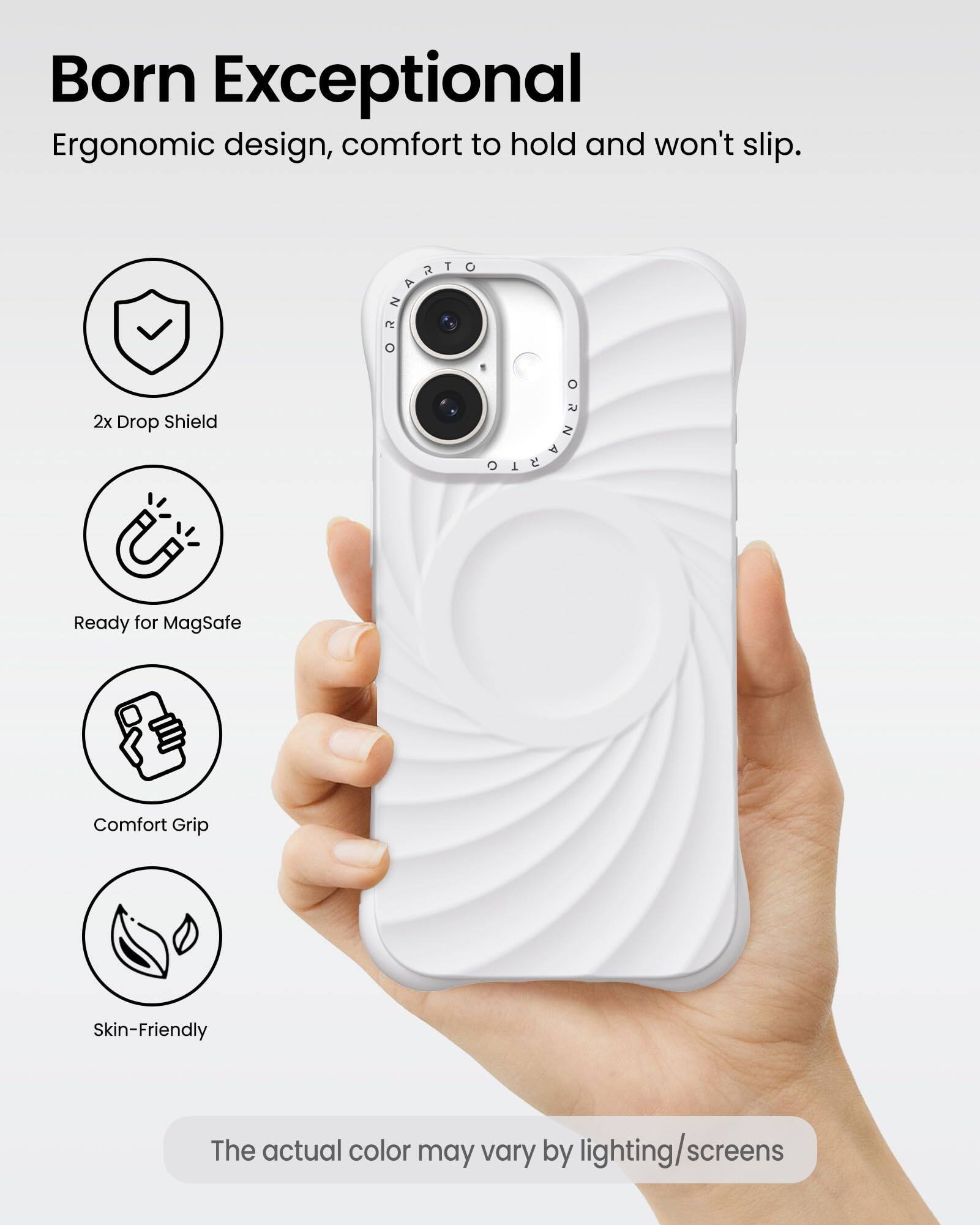 Born Exceptional  
Ergonomic design, comfort to hold and won't slip.  

2x Drop Shield  
Ready for MagSafe  
Comfort Grip  
Skin-Friendly  

The actual color may vary by lighting/screens
