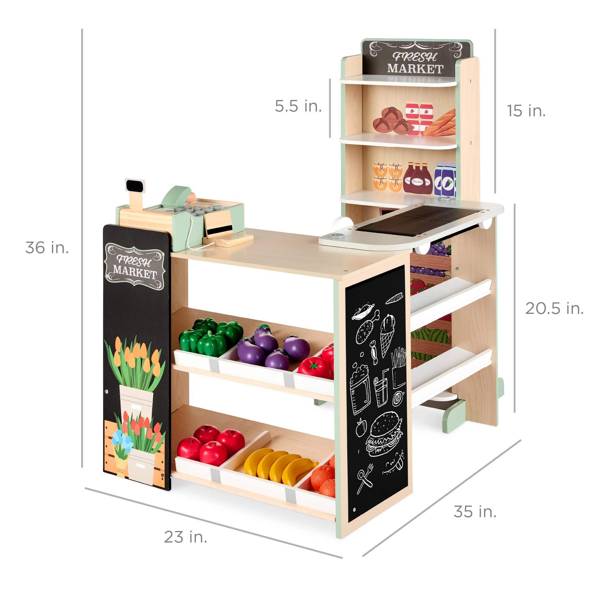 FRESH MARKET

- 5.5 in.
- 15 in.
- 36 in.
- 20.5 in.
- 35 in.
- 23 in.