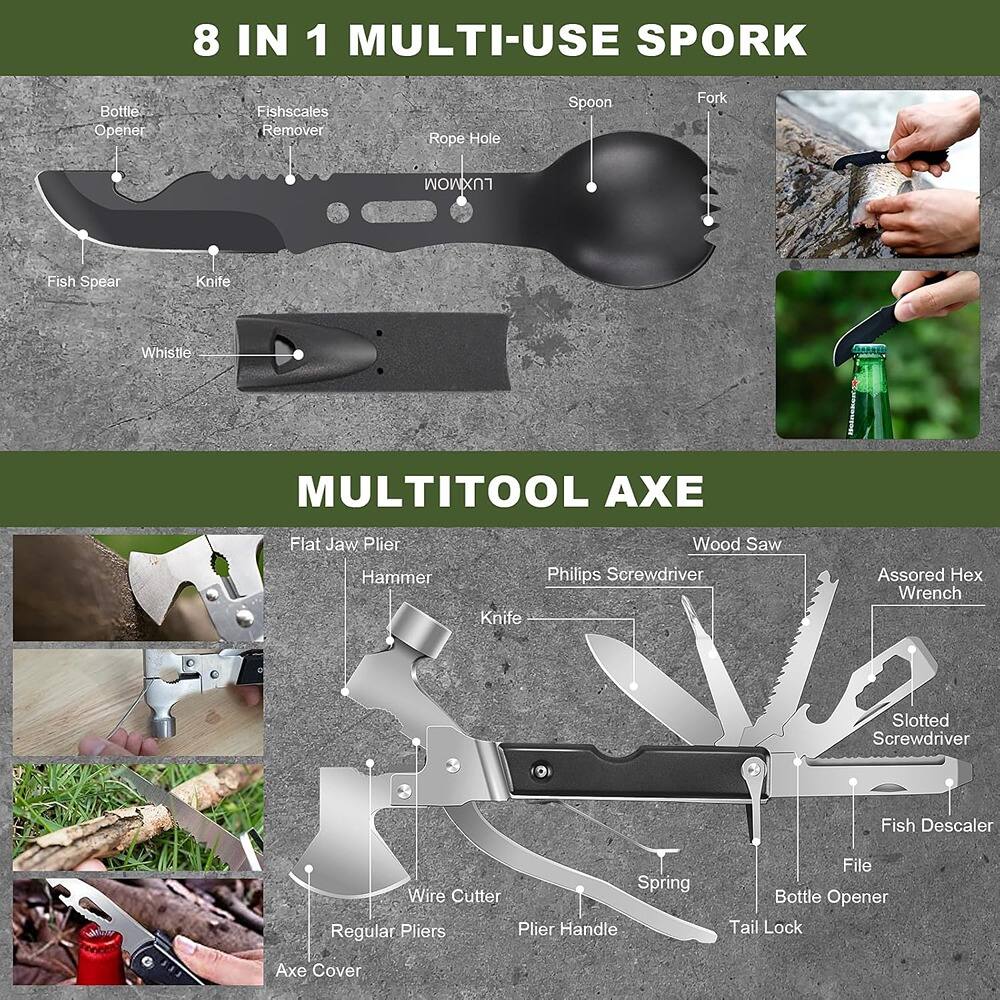 8 IN 1 MULTI-USE SPORK  
- Bottle Opener  
- Fishscales Remover  
- Rope Hole  
- Spoon  
- Fork  
- Fish Spear  
- Knife  
- Whistle  

MULTITOOL AXE  
- Flat Jaw Plier  
- Hammer  
- Wood Saw  
- Phillips Screwdriver  
- Assorted Hex Wrench  
- Slotted Screwdriver  
- Fish Descaler  
- Spring  
- Wire Cutter  
- Regular Pliers  
- Plier Handle  
- File  
- Bottle Opener  
- Tail Lock  
- Axe Cover