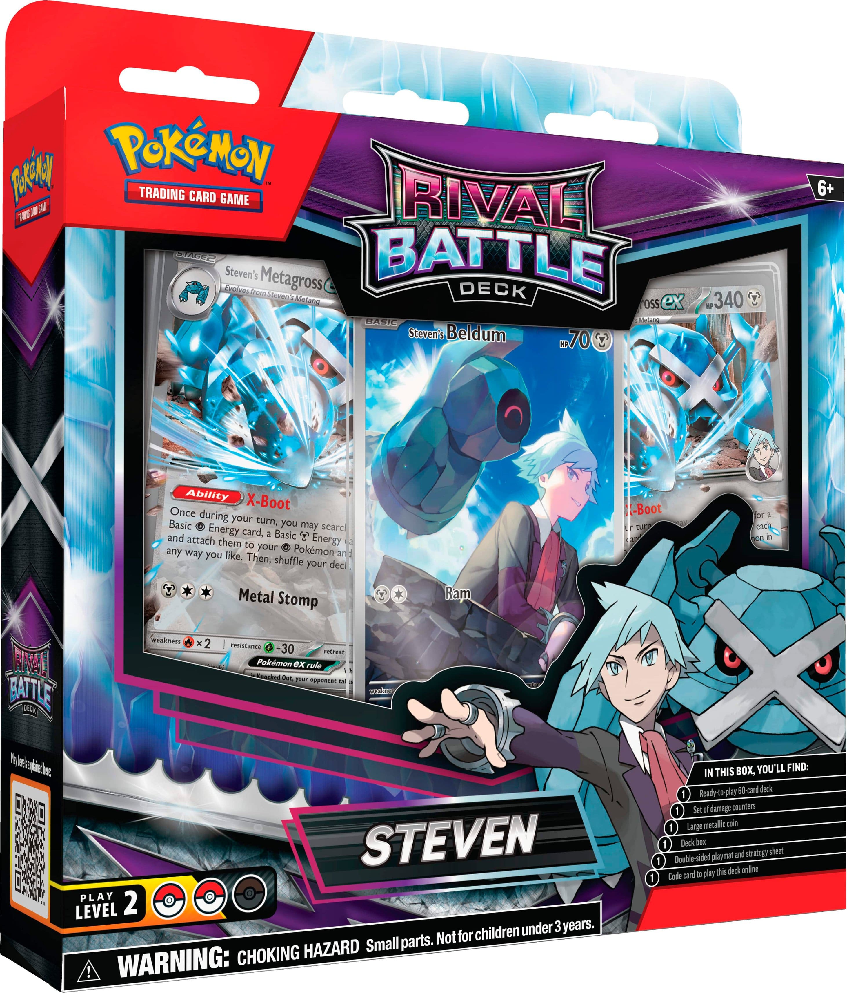 Pokemon Trading Card Game Rival Battle Steven's Metagross Deck Box
Inside this box, you'll find:
- Ready-to-play 60-card deck
- Damage counters
- Metallic coin
- Beck bex and strategy sheet
- Double-sided playmat
- Deck unlock code
WARNING: Choking hazard - small parts. Not for children under 3 years.