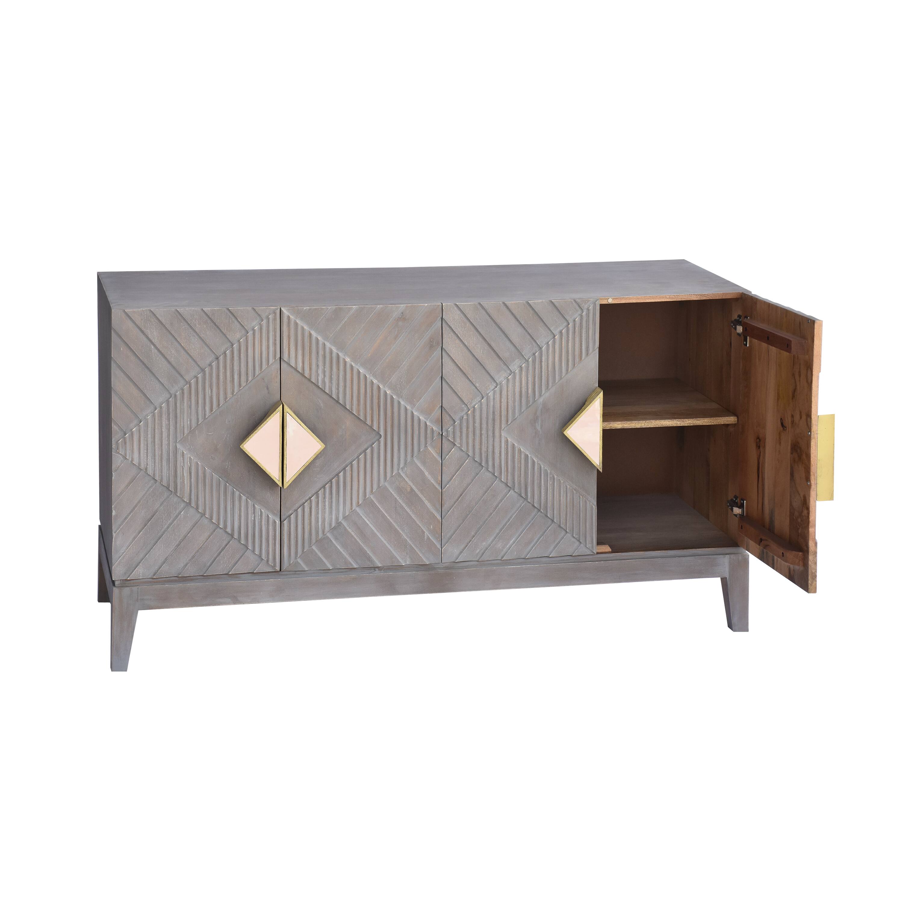 Alt View 2. Manhattan Lane - Abiel 55 Inch Mango Wood Sideboard Buffet Cabinet Console, 4 Doors, Inner Shelf, Ornate Diamond Carving - Gray, Gold.