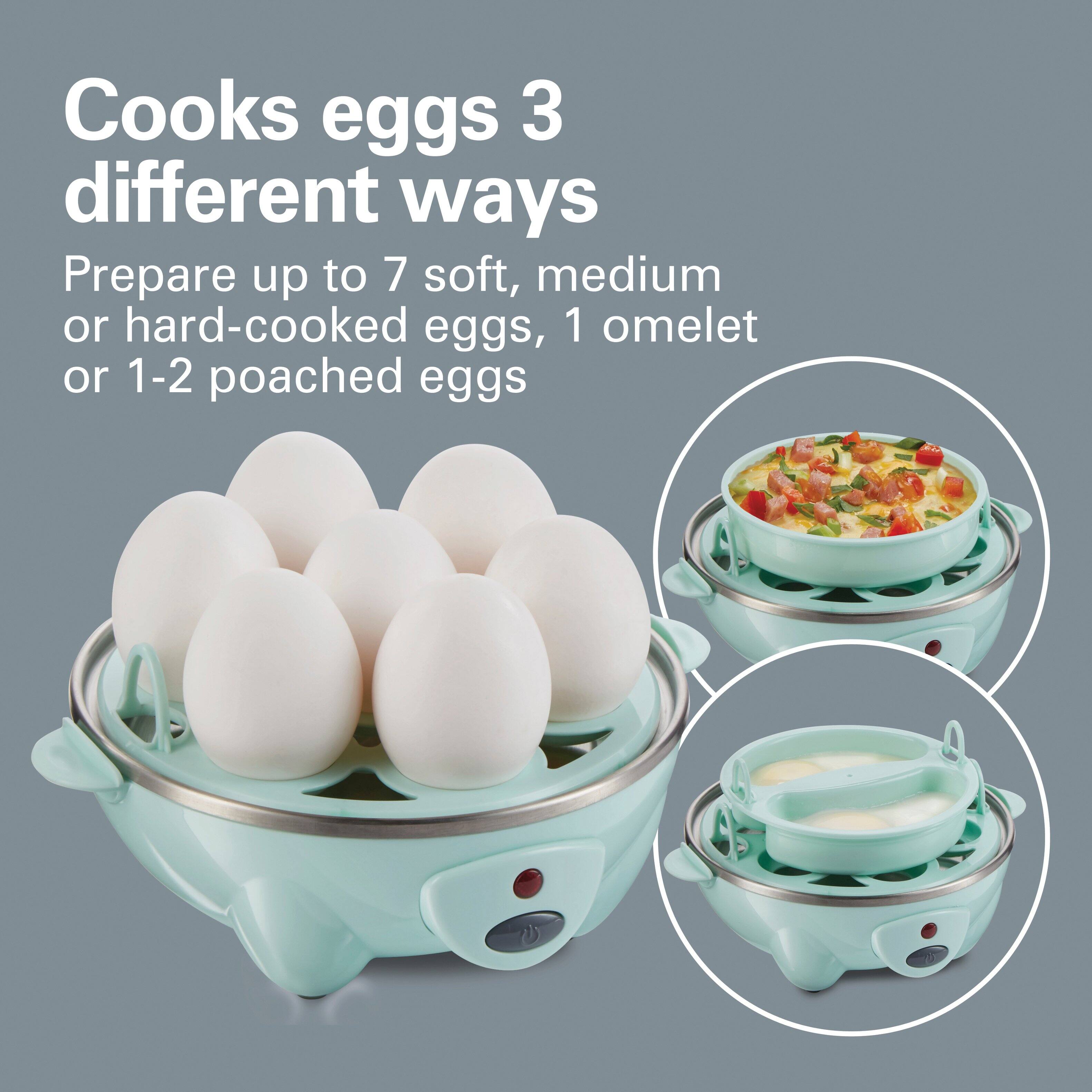 Cooks eggs 3 different ways  
Prepare up to 7 soft, medium or hard-cooked eggs, 1 omelet or 1-2 poached eggs