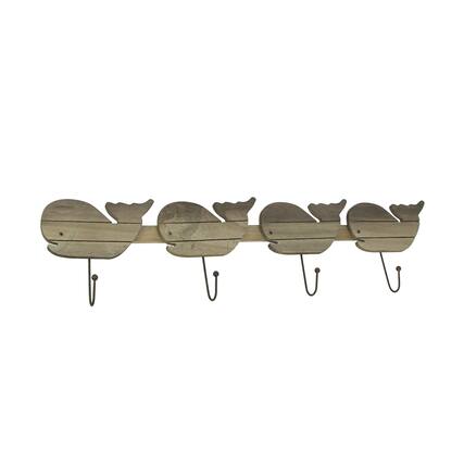 Front. Mayrich Company - Distressed Wooden Whale 4 Hook Hanging Wall Rack 28 Inches Long - Brown.