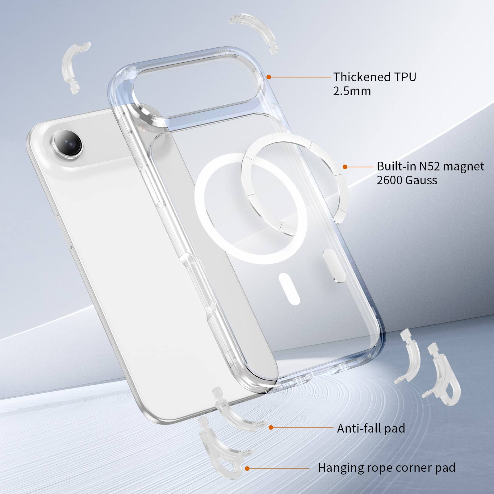 Thickened TPU 2.5mm  
Built-in N52 magnet 2600 Gauss  
Anti-fall pad  
Hanging rope corner pad