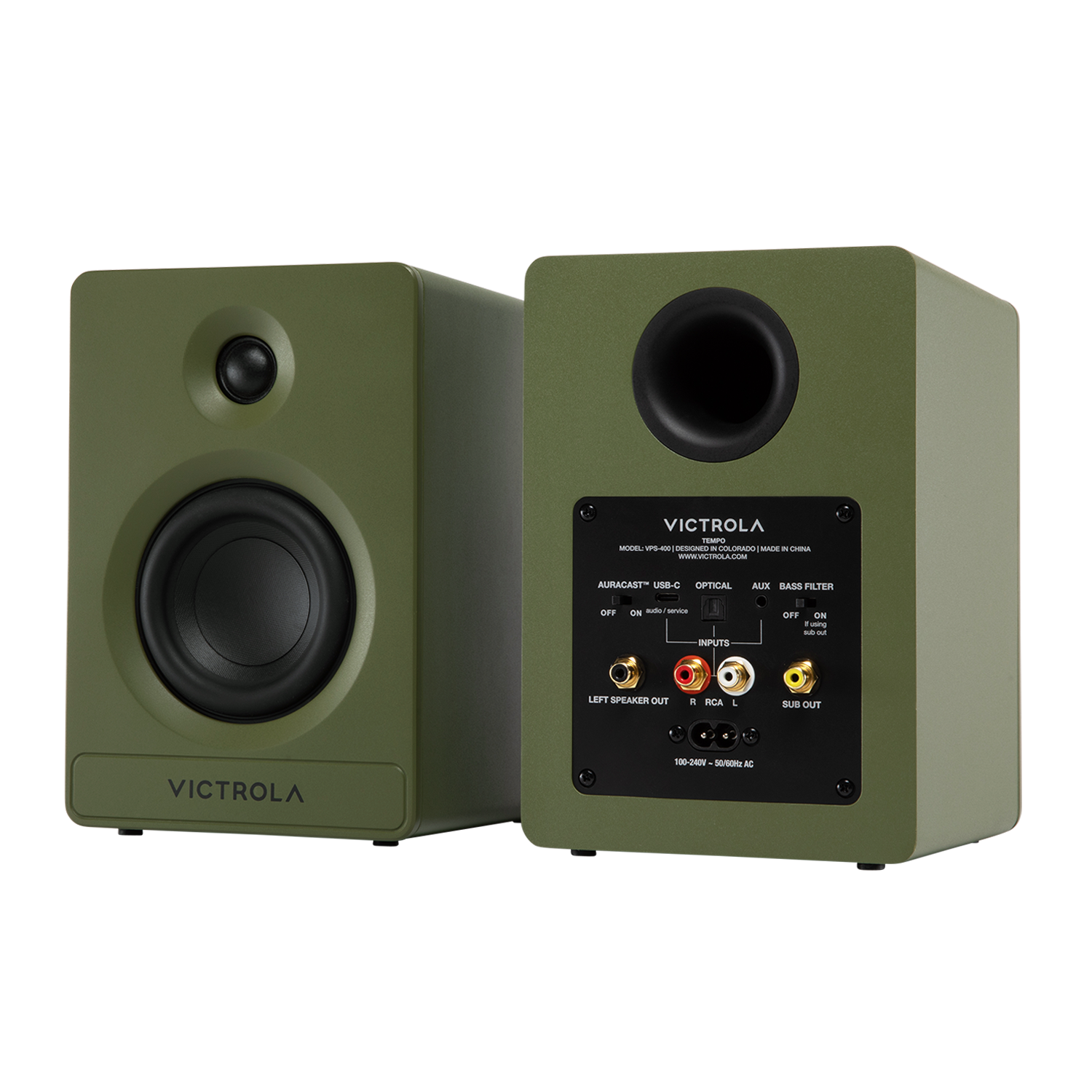 VICTROLA HM MUEL V S C COLORADO -E i LA WWW.MLIMA.COM COM AURACAST- USB-C OPTICAL AUX BASS FILTER OFF INPUTS LEFT SPEAKER OUT R RCA L SUB OUT VICTROLA 100-24V 50/60Hz AC